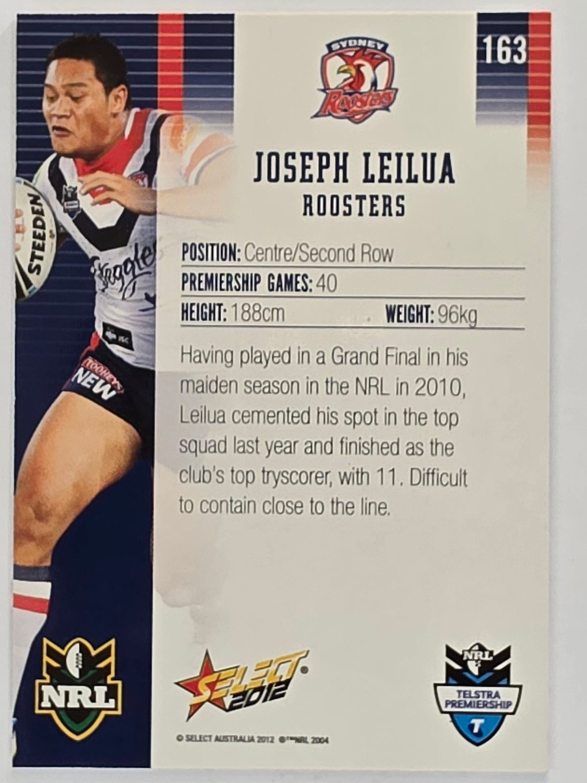 NRL 2012 Champions Base Card #163 Joseph Leilua Sydney Roosters
