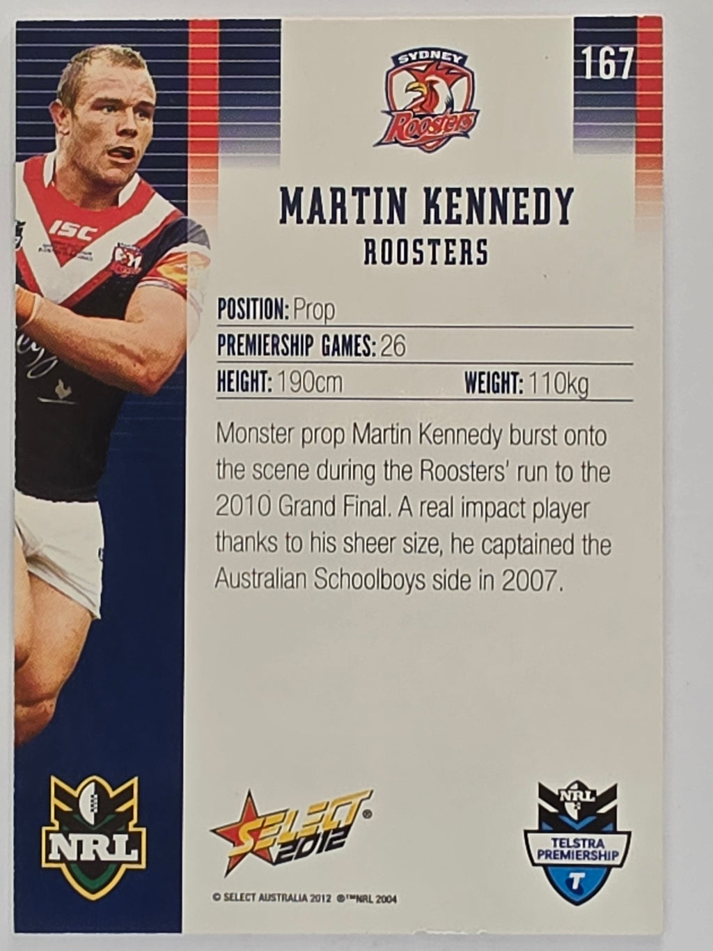 NRL 2012 Champions Base Card #167 Martin Kennedy Sydney Roosters