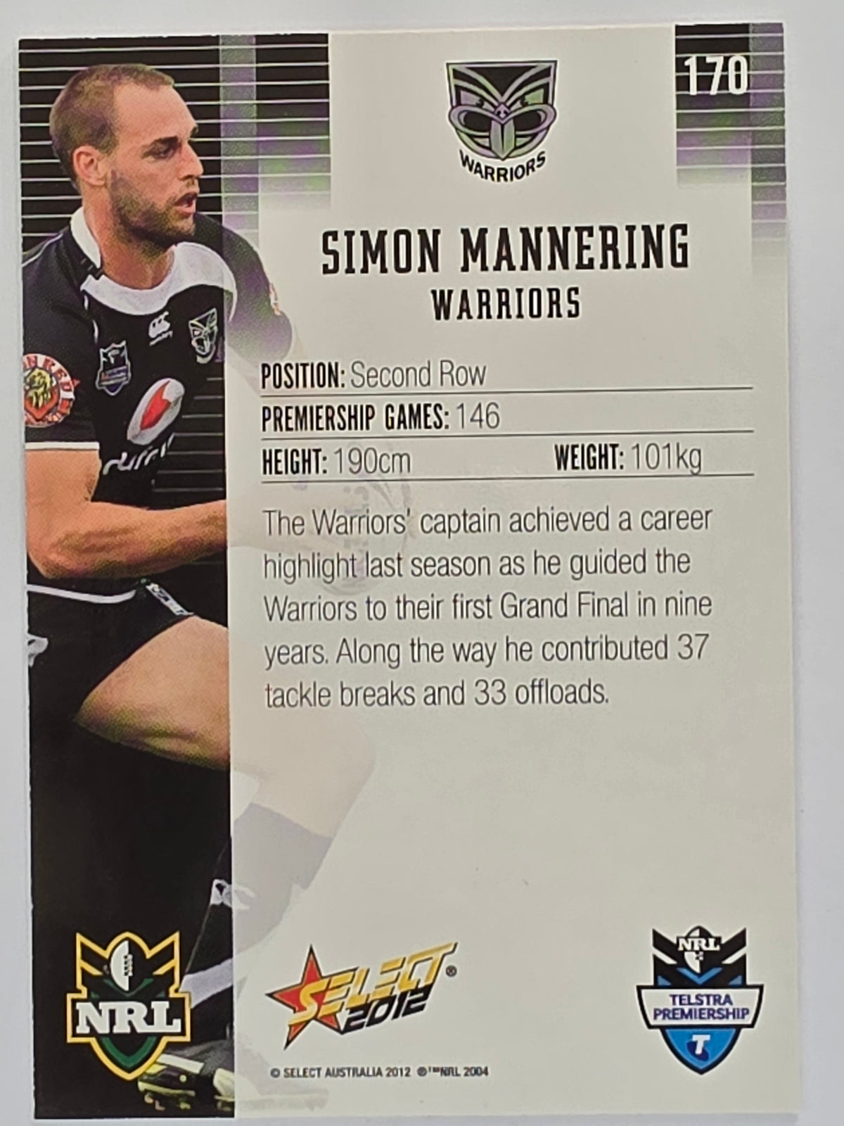 NRL 2012 Champions Base Card #170 Simon Mannering New Zealand Warriors