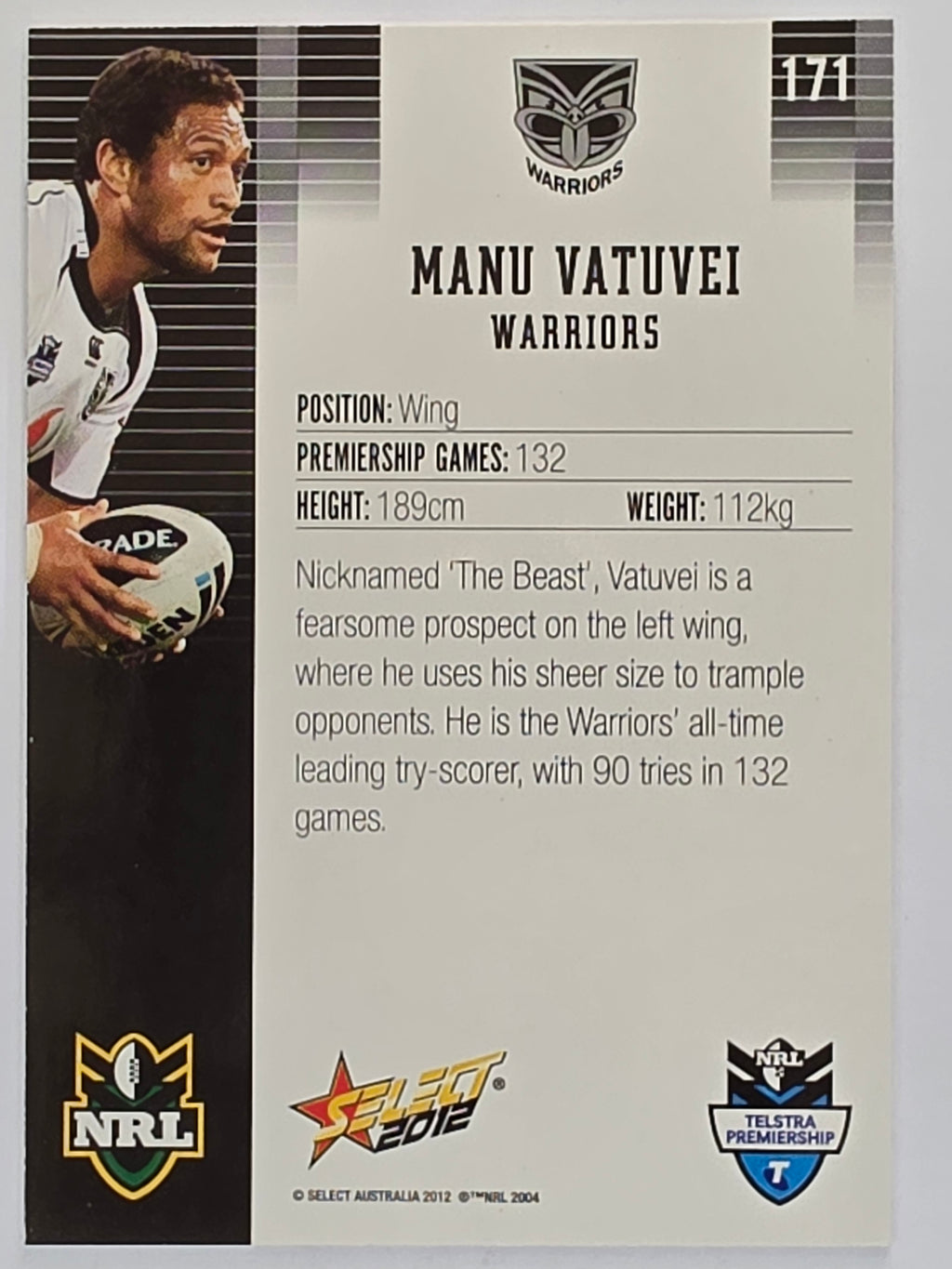 NRL 2012 Champions Base Card #171 Manu Vatuvei New Zealand Warriors