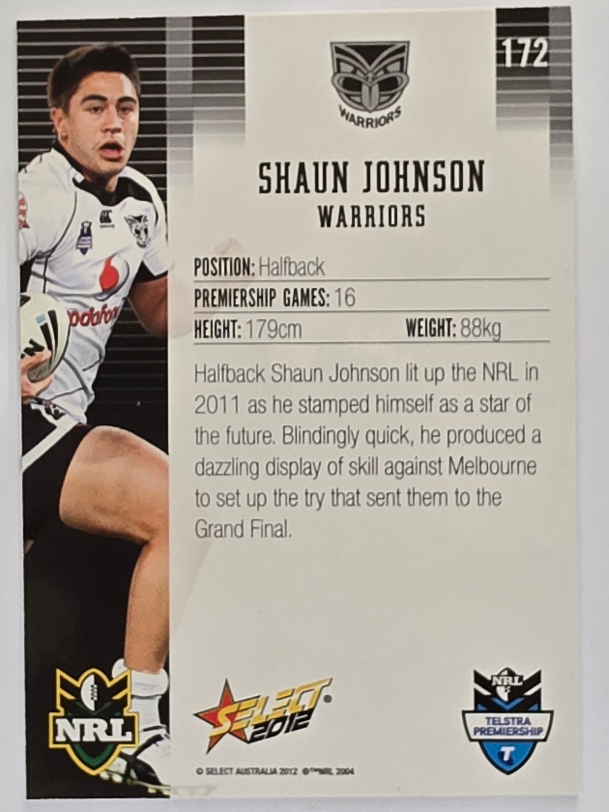 NRL 2012 Champions Base Card #172 Shaun Johnson New Zealand Warriors