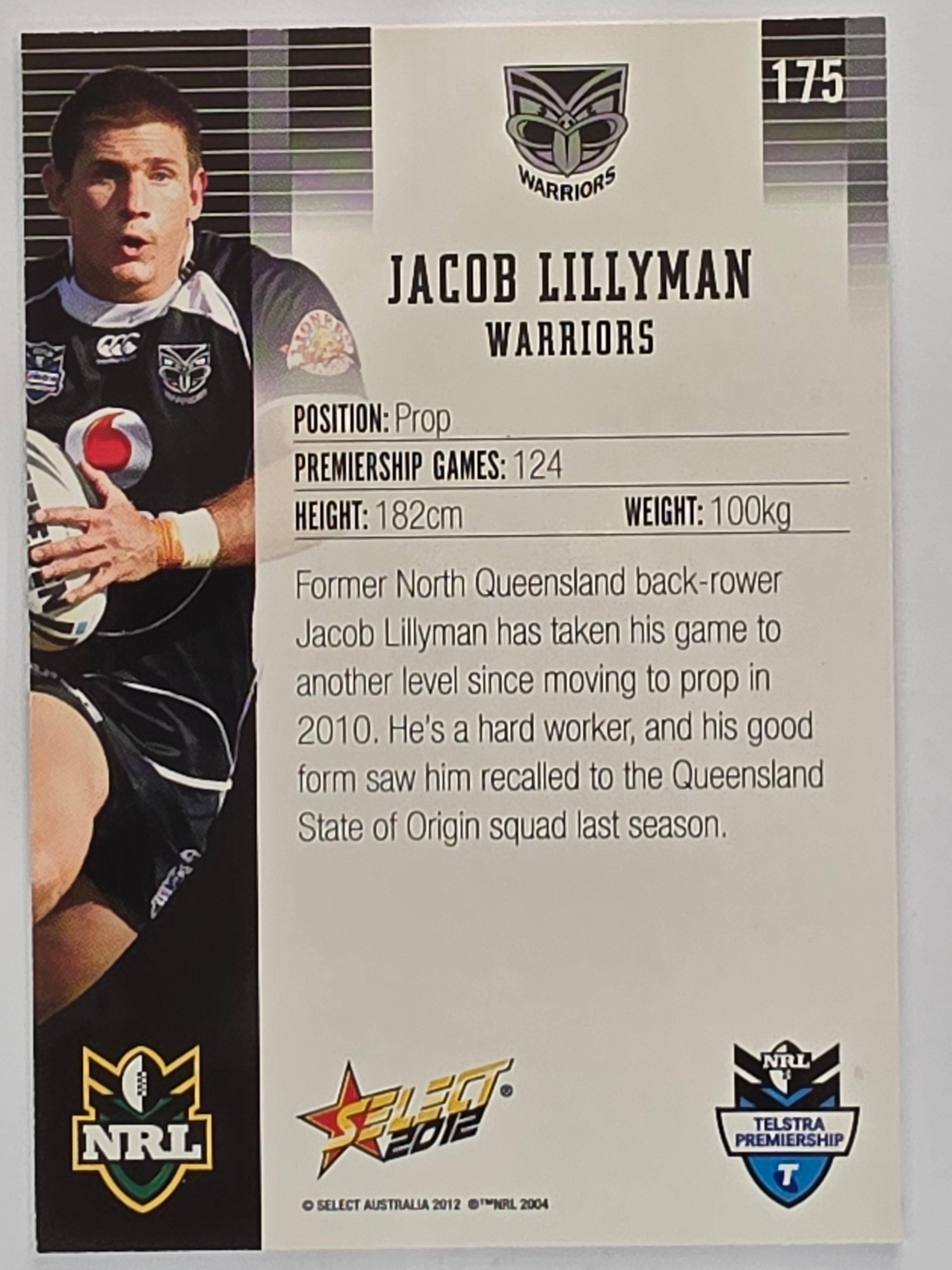 NRL 2012 Champions Base Card #175 Jacob Lillyman New Zealand Warriors