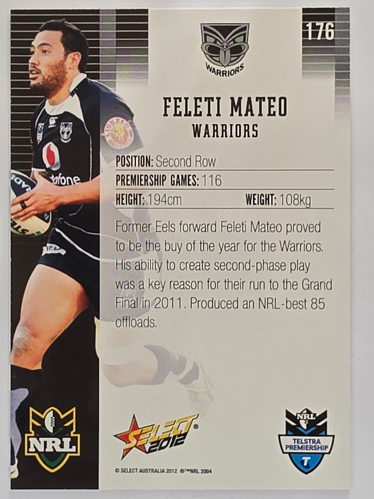NRL 2012 Champions Base Card #176 Feleti Mateo New Zealand Warriors