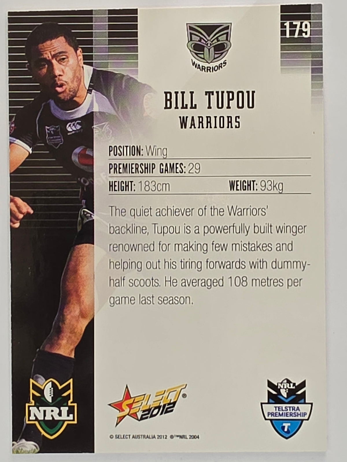 NRL 2012 Champions Base Card #179 Bill Tupou New Zealand Warriors