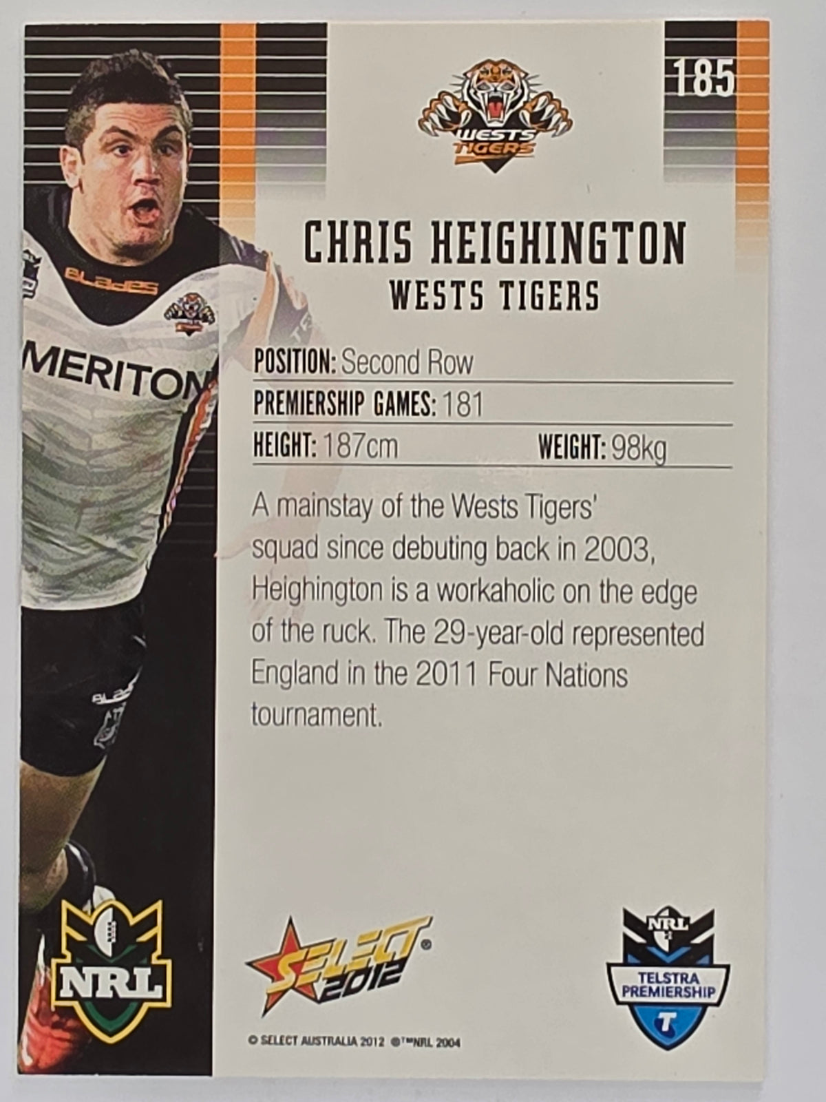 NRL 2012 Champions Base Card #185 Chris Heighington Wests Tigers