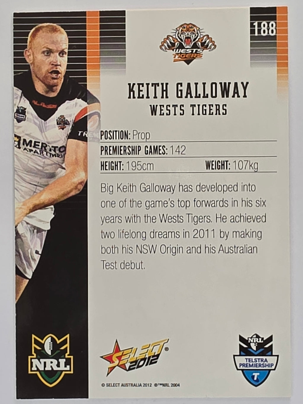 NRL 2012 Champions Base Card #188 Keith Galloway Wests Tigers
