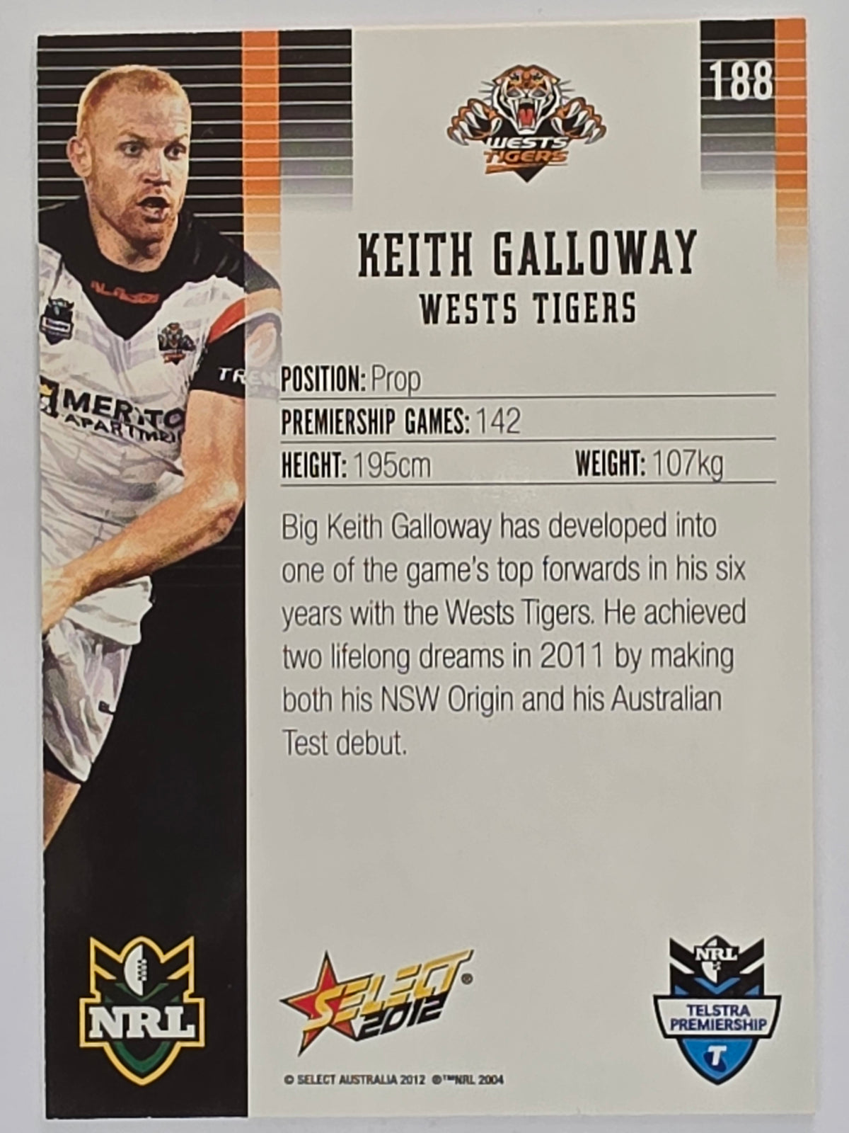 NRL 2012 Champions Base Card #188 Keith Galloway Wests Tigers