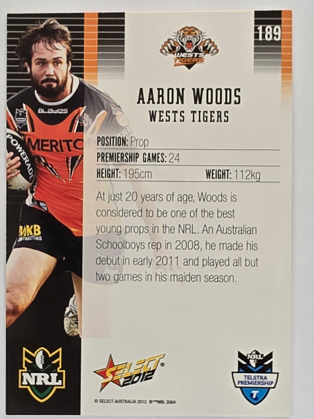 NRL 2012 Champions Base Card #189 Aaron Woods Wests Tigers