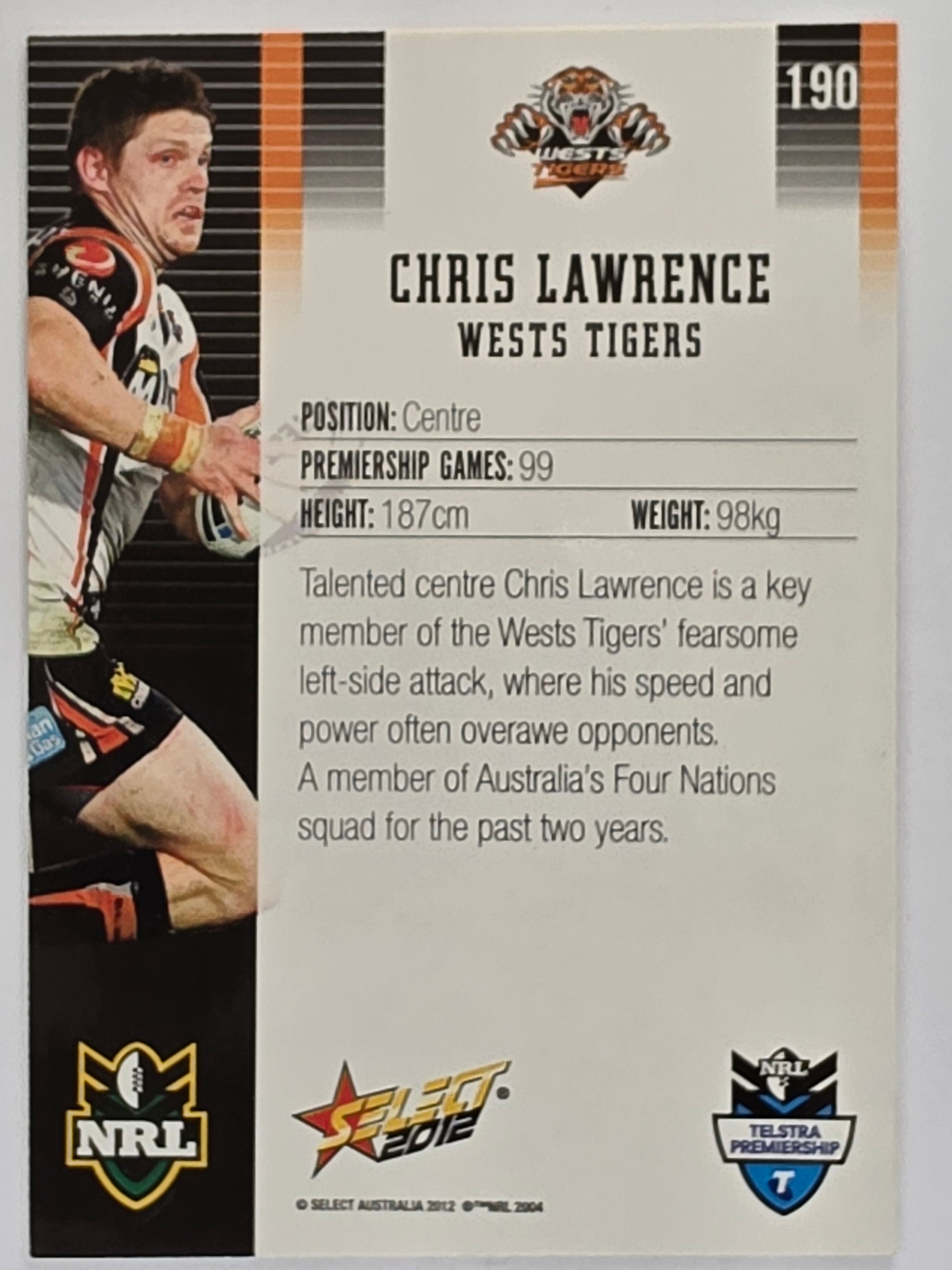 NRL 2012 Champions Base Card #190 Chris Lawrence Wests Tigers
