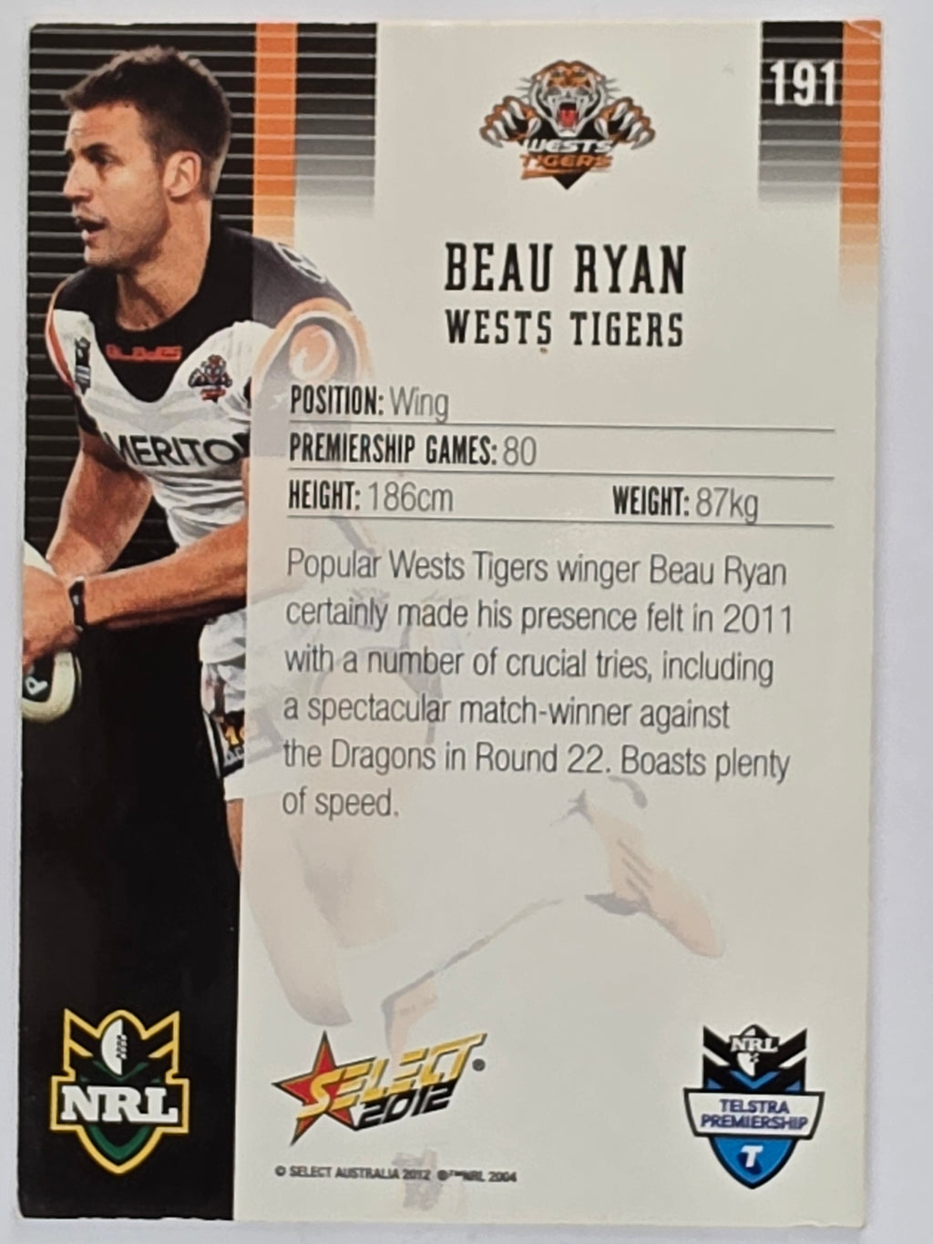 NRL 2012 Champions Base Card #191 Beau Ryan Wests Tigers