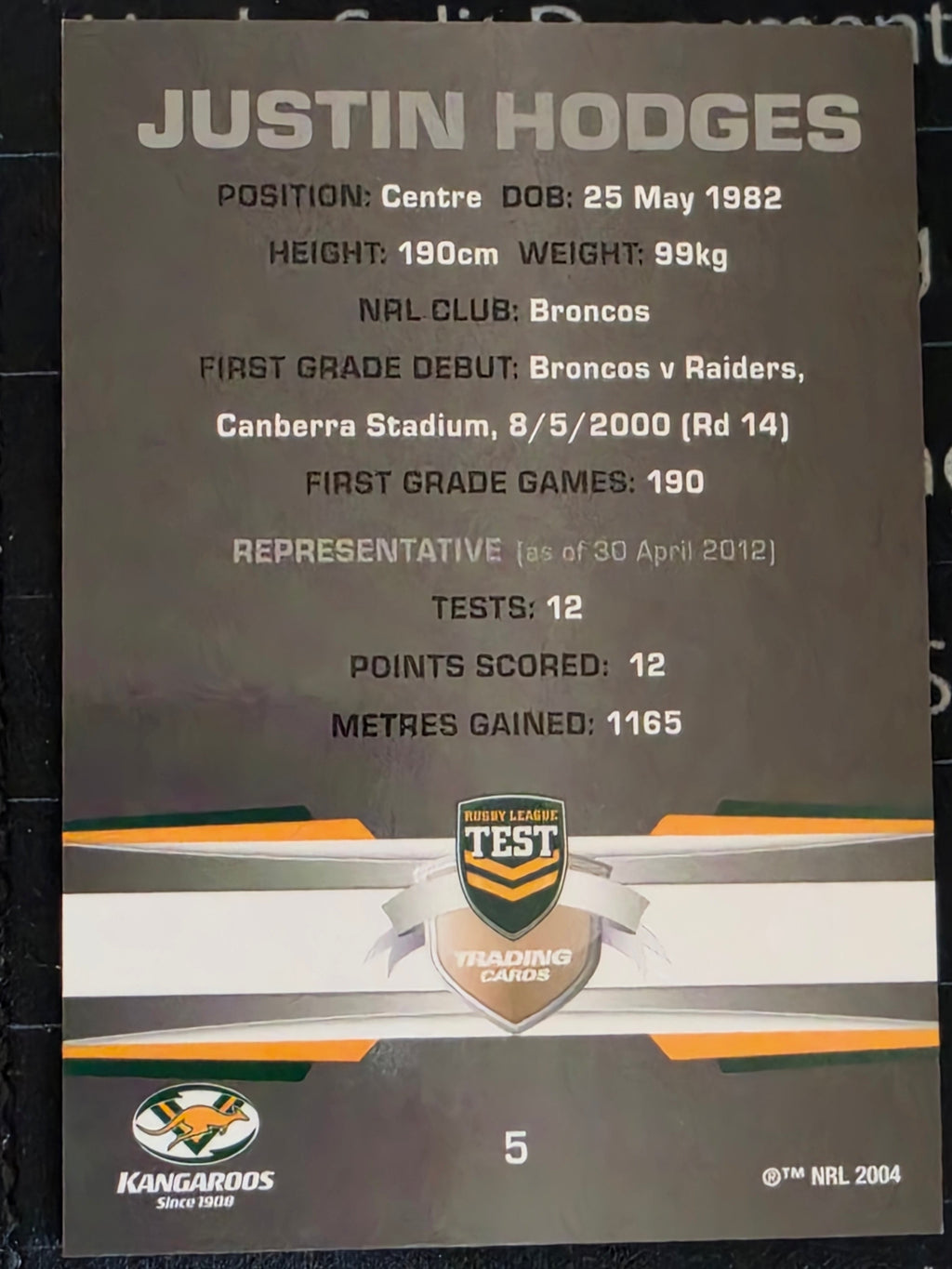 NRL 2012 Limited Edition Base Card #5 Justin Hodges Australia