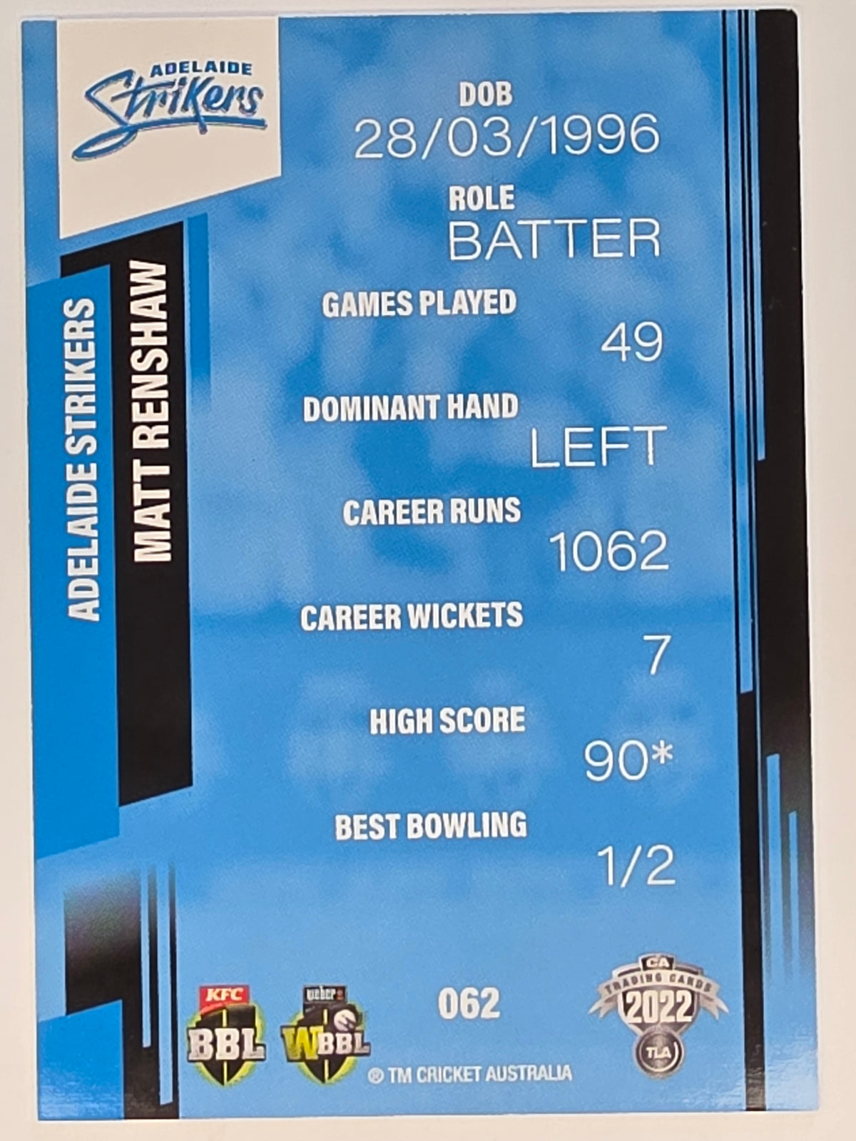 2022-23 Cricket Traders | #062 Matt Renshaw | Adelaide Strikers BBL