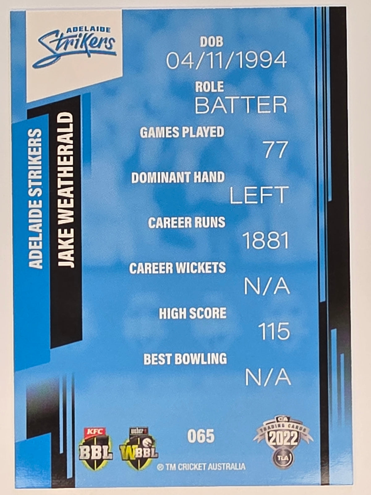 2022-23 Cricket Traders | #065 Jake Weatherald | Adelaide Strikers BBL