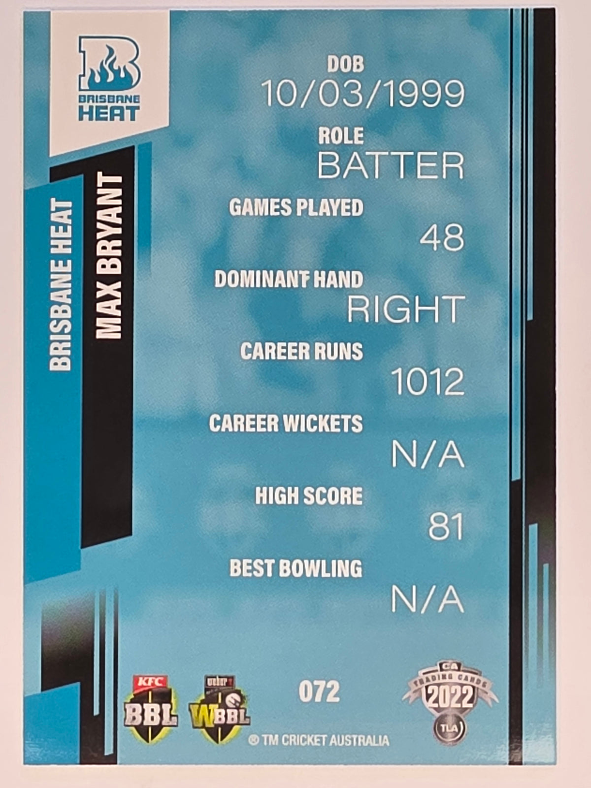 2022-23 Cricket Traders | #072 Max Bryant | Brisbane Heat BBL