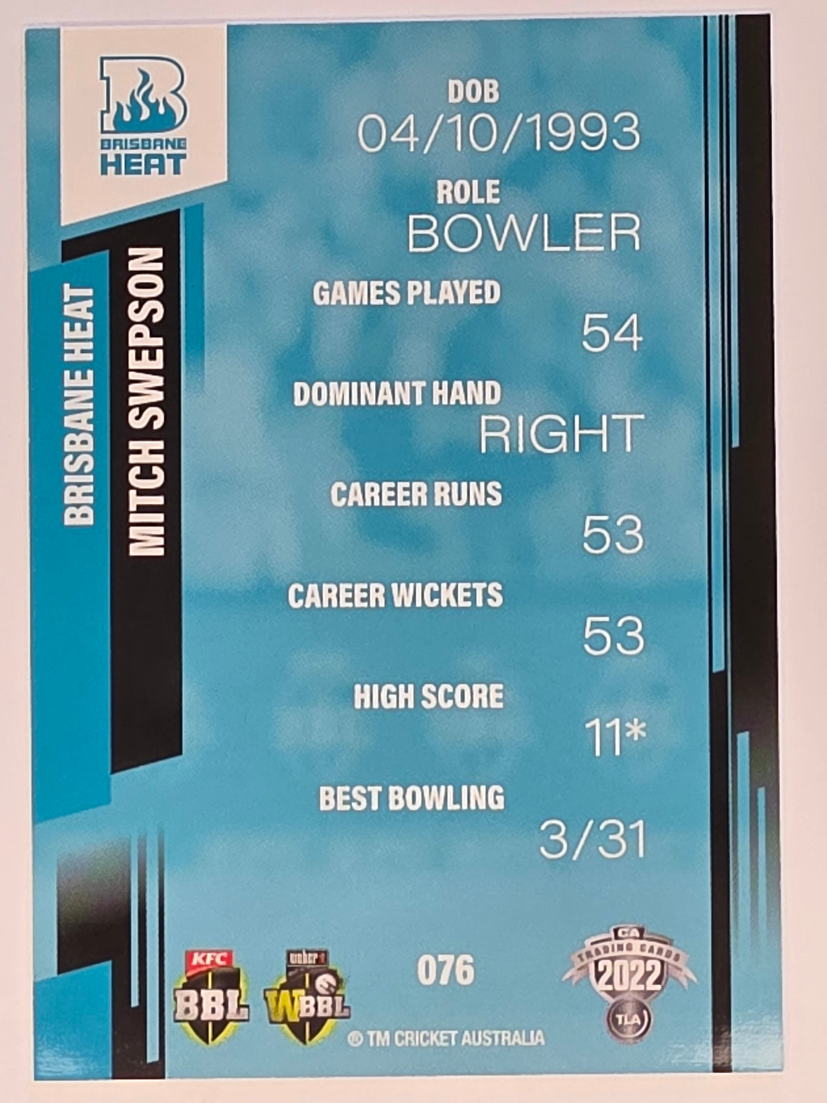 2022-23 Cricket Traders | #076 Mitch Swepson | Brisbane Heat BBL