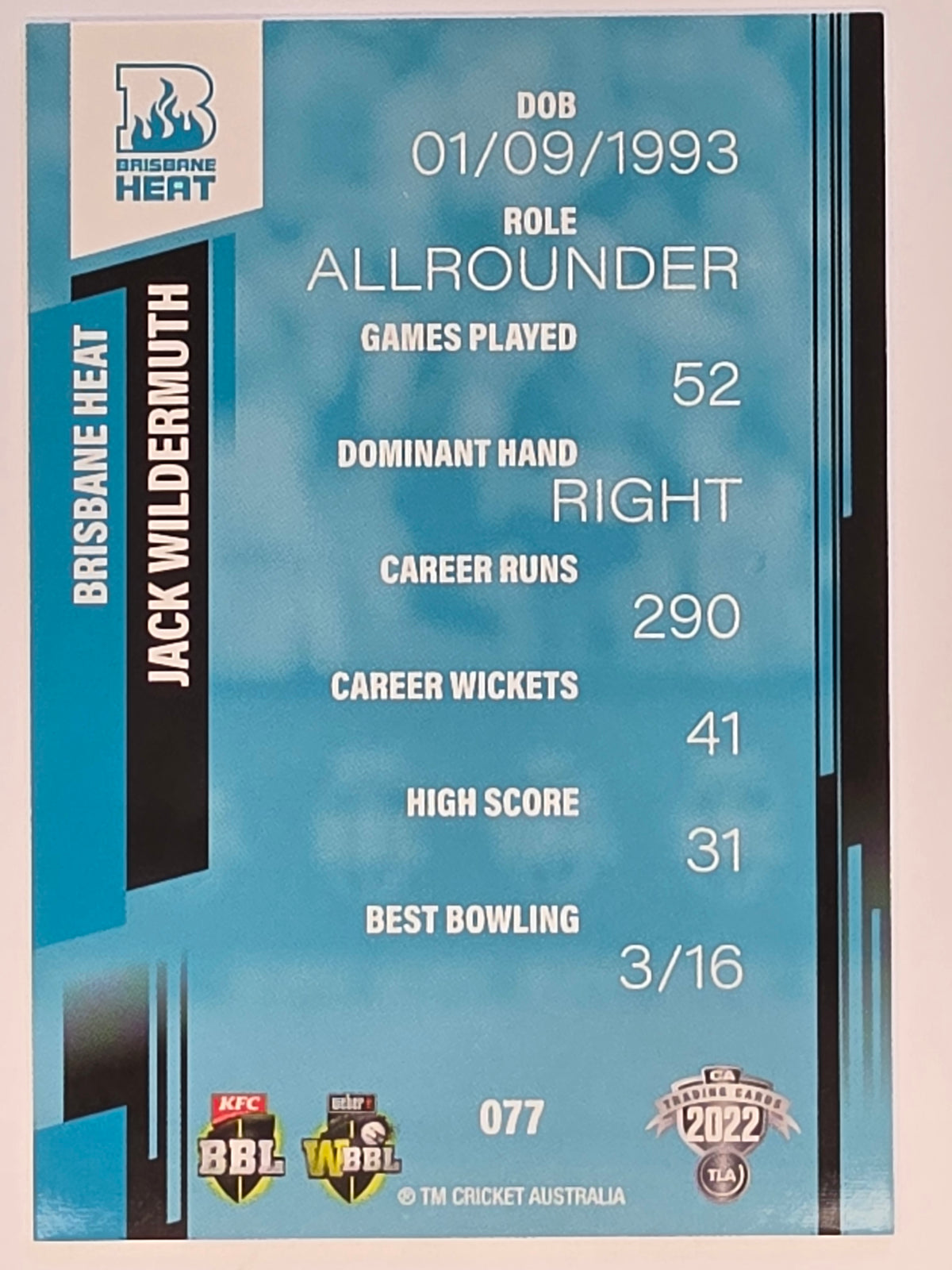 2022-23 Cricket Traders | #077 Jack Wildermuth | Brisbane Heat BBL