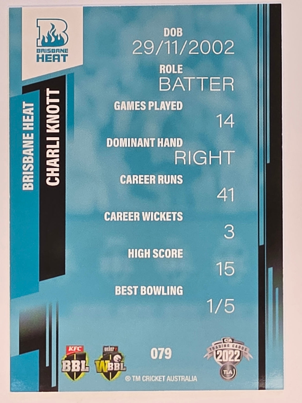 2022-23 Cricket Traders | #079 Charli Knott | Brisbane Heat WBBL