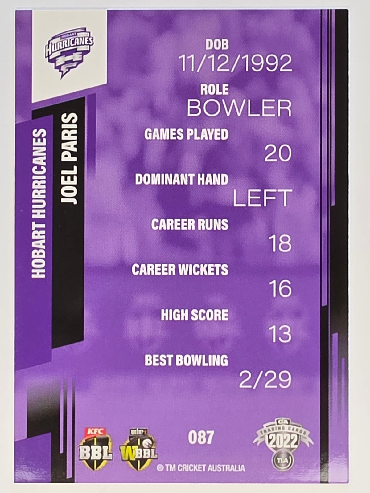 2022-23 Cricket Traders | #087 Joel Paris | Hobart Hurricanes BBL