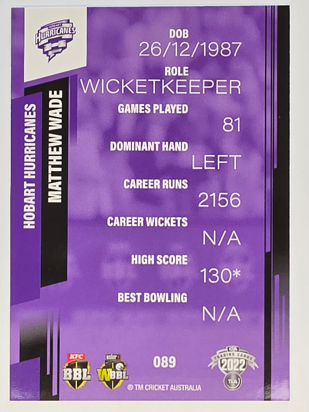 2022-23 Cricket Traders | #089 Matthew Wade | Hobart Hurricanes BBL