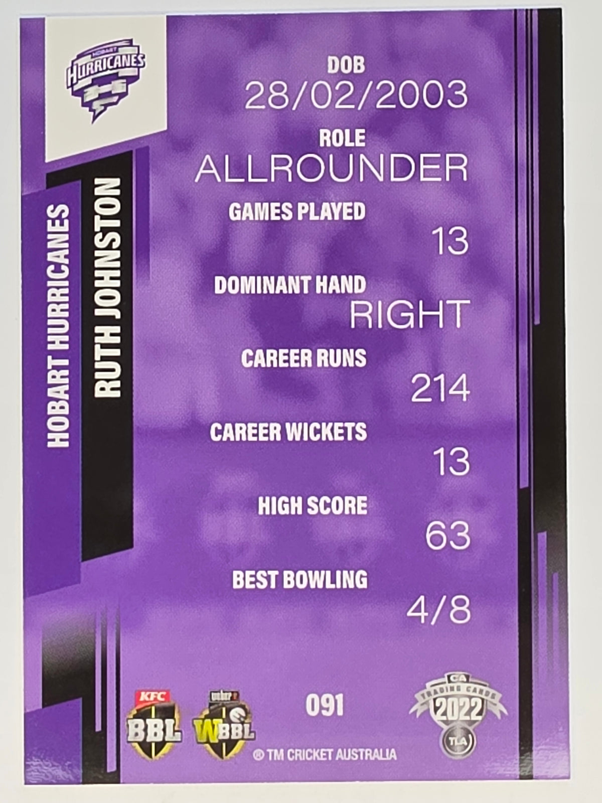 2022-23 Cricket Traders | #091 Ruth Johnston | Hobart Hurricanes WBBL