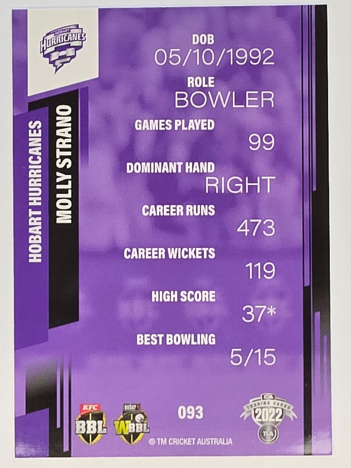 2022-23 Cricket Traders | #093 Molly Strano | Hobart Hurricanes WBBL