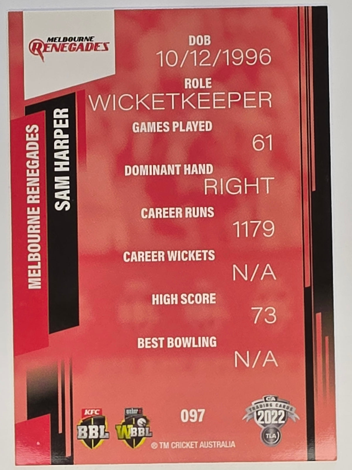 2022-23 Cricket Traders | #097 Sam Harper | Melbourne Renegades BBL