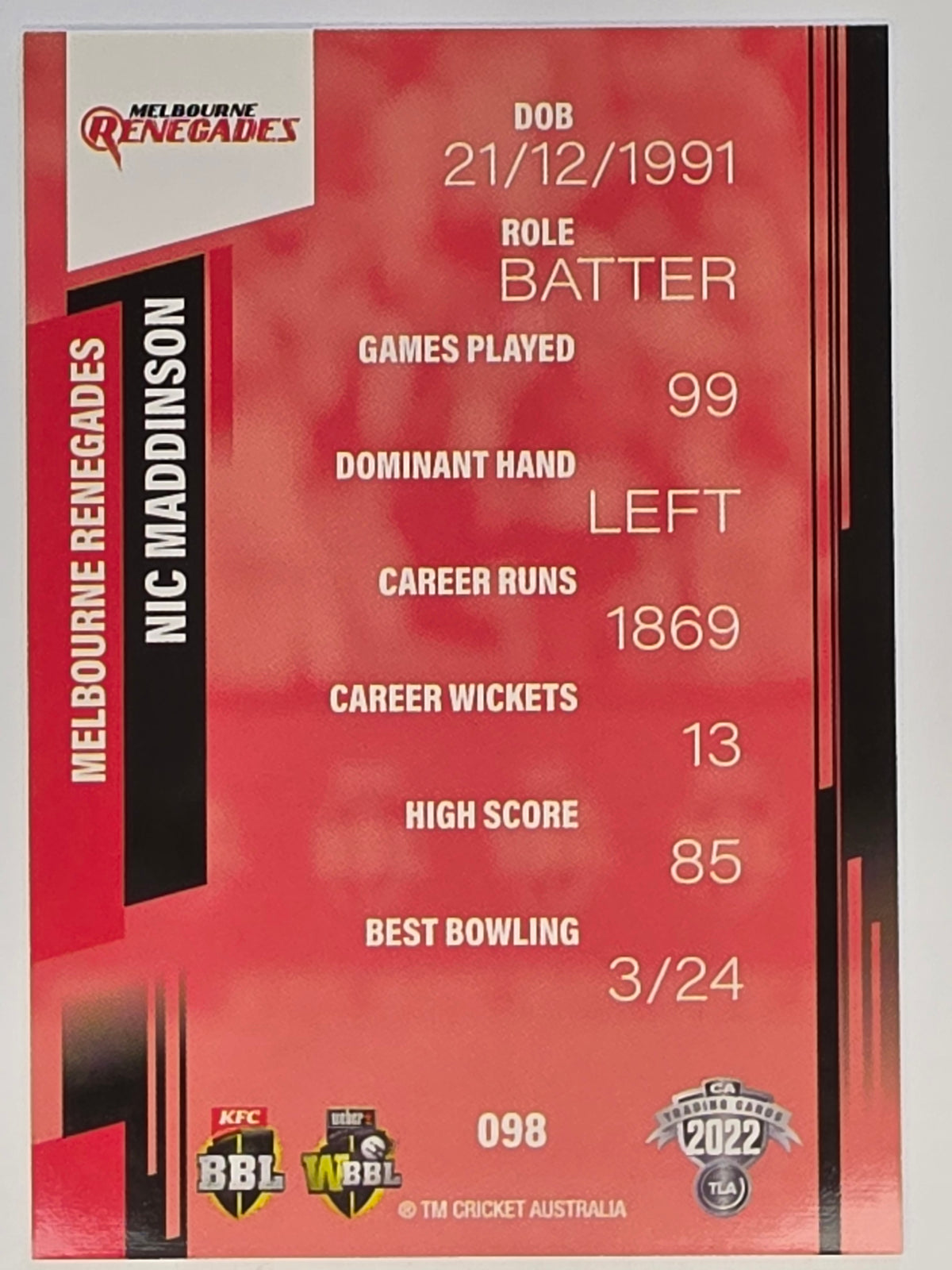 2022-23 Cricket Traders | #098 Nic Maddinson | Melbourne Renegades BBL