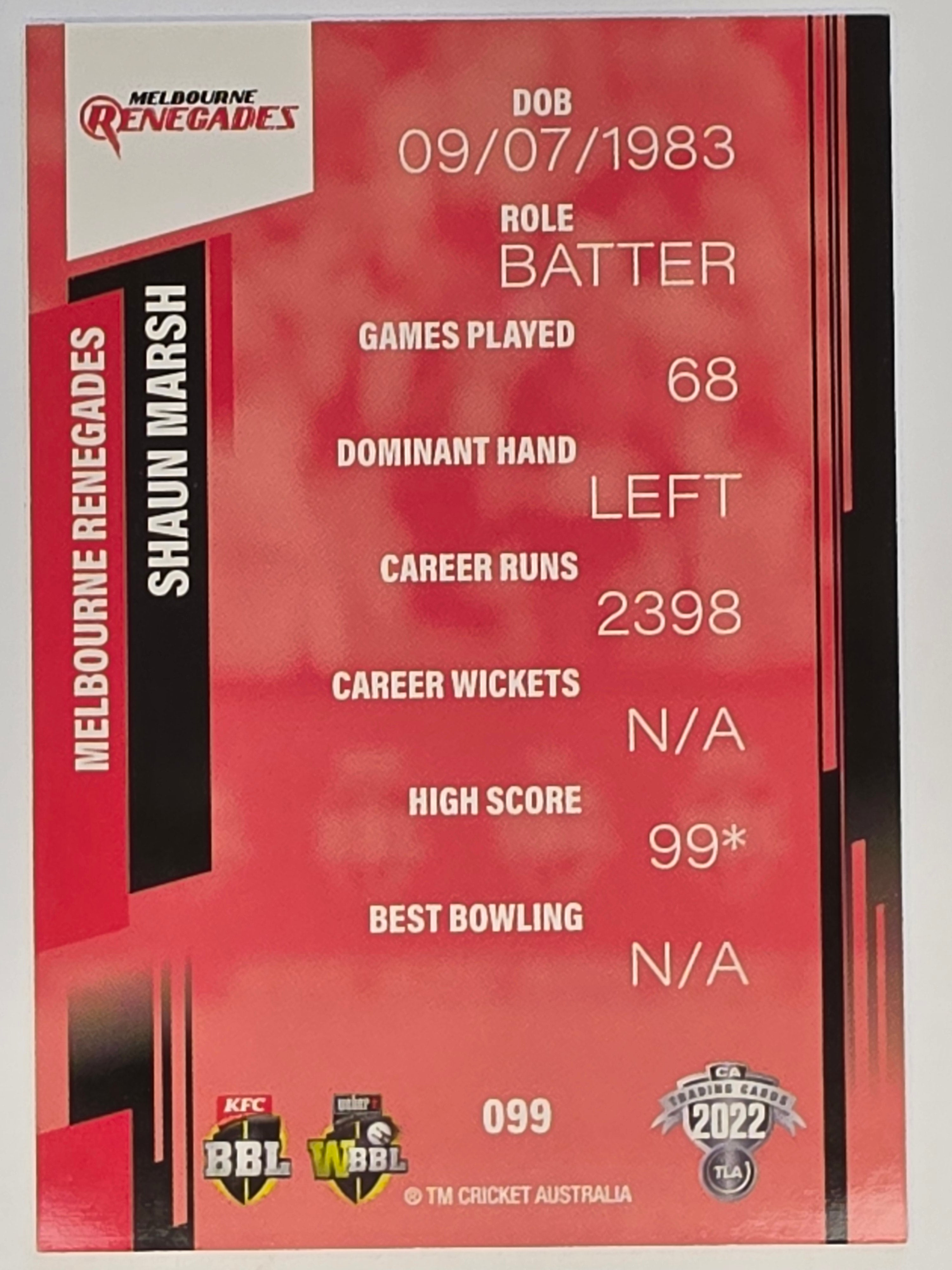2022-23 Cricket Traders | #099 Shaun Marsh | Melbourne Renegades BBL