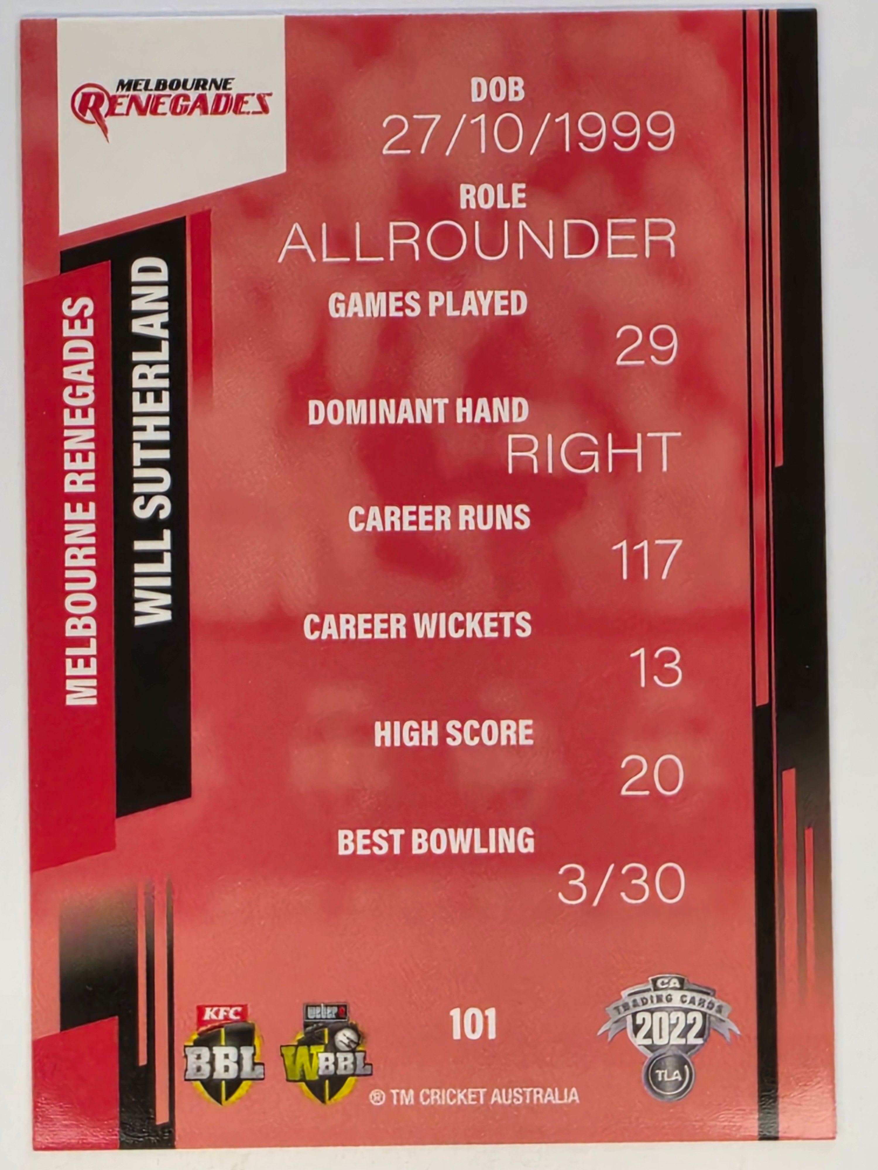 2022-23 Cricket Traders | #101 Will Sutherland | Melbourne Renegades WBBL