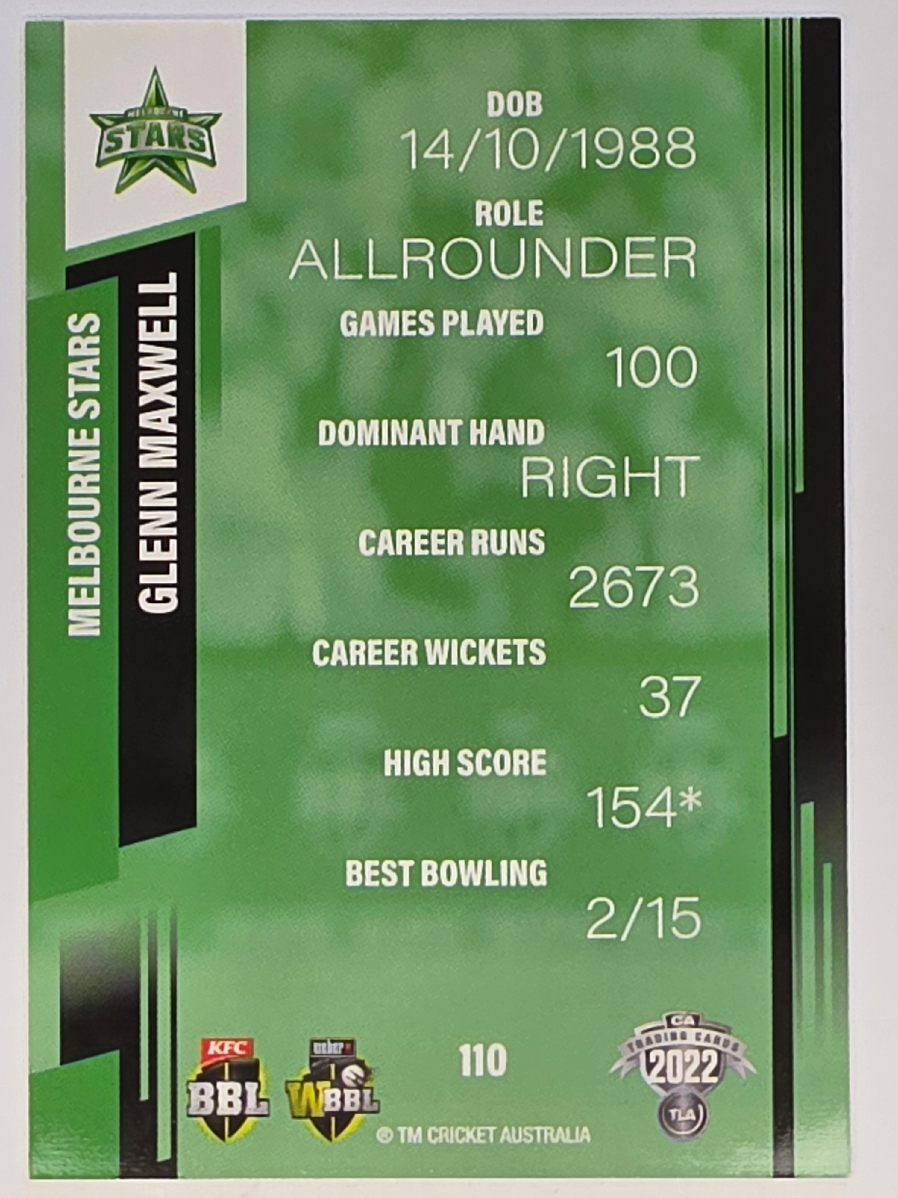 2022-23 Cricket Traders | #110 Glenn Maxwell | Melbourne Stars BBL