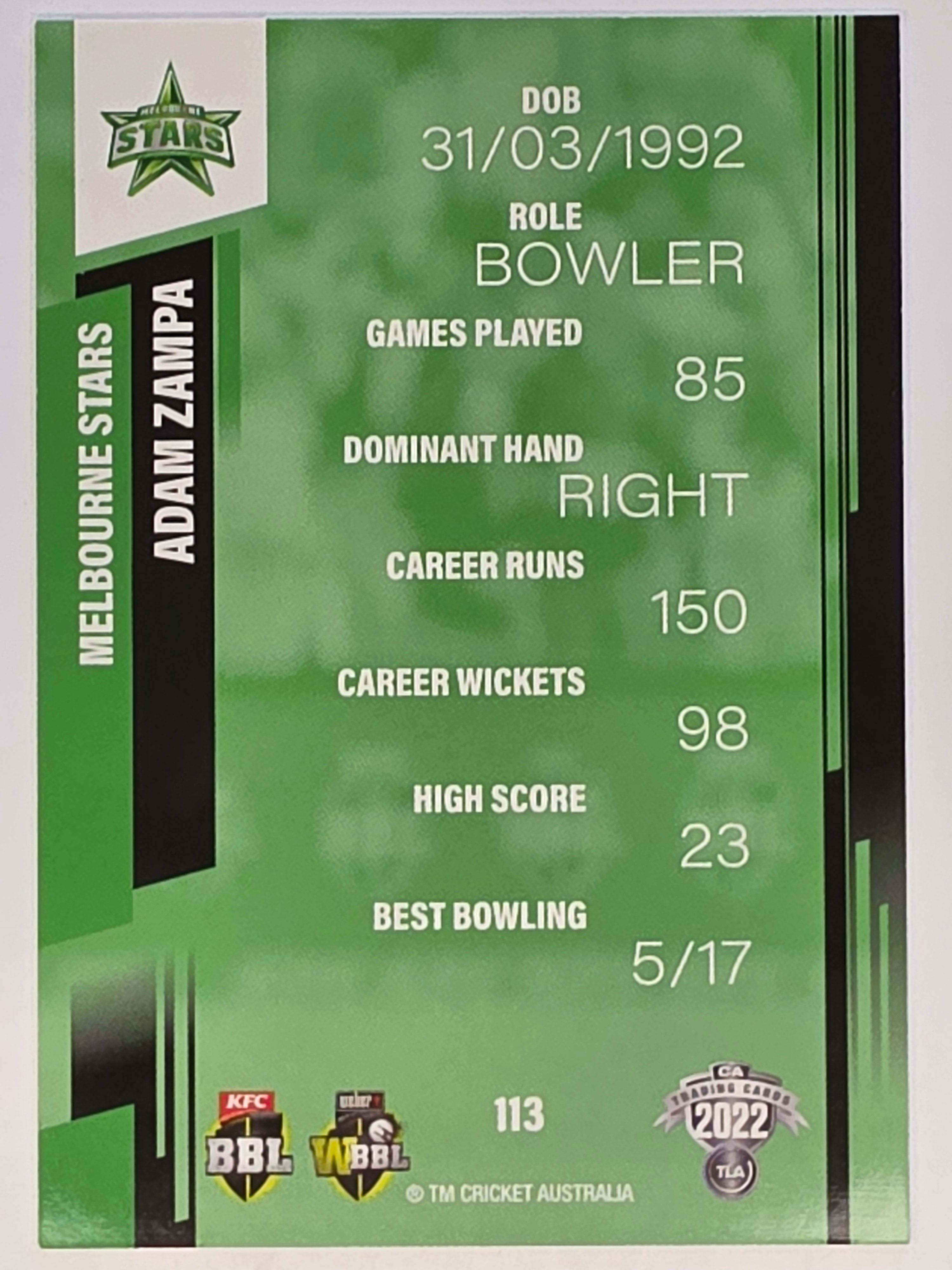 2022-23 Cricket Traders | #113 Adam Zampa | Melbourne Stars BBL