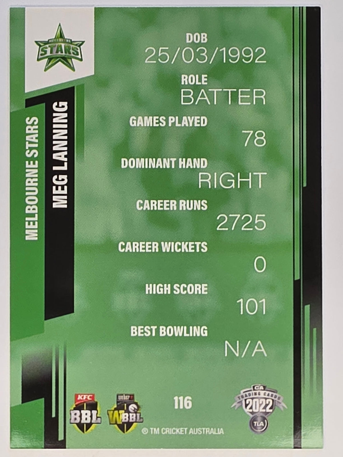 2022-23 Cricket Traders | #116 Meg Lanning | Melbourne Stars WBBL