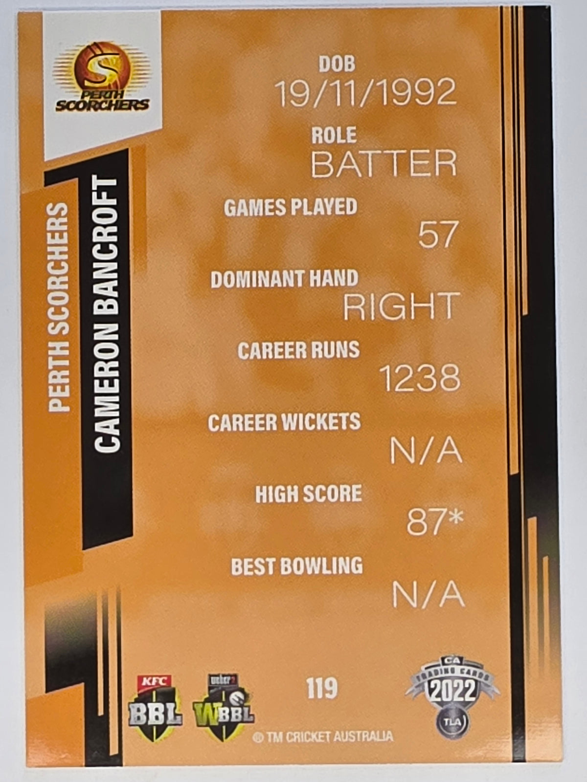 2022-23 Cricket Traders | #119 Cameron Bancroft | Perth Scorchers BBL