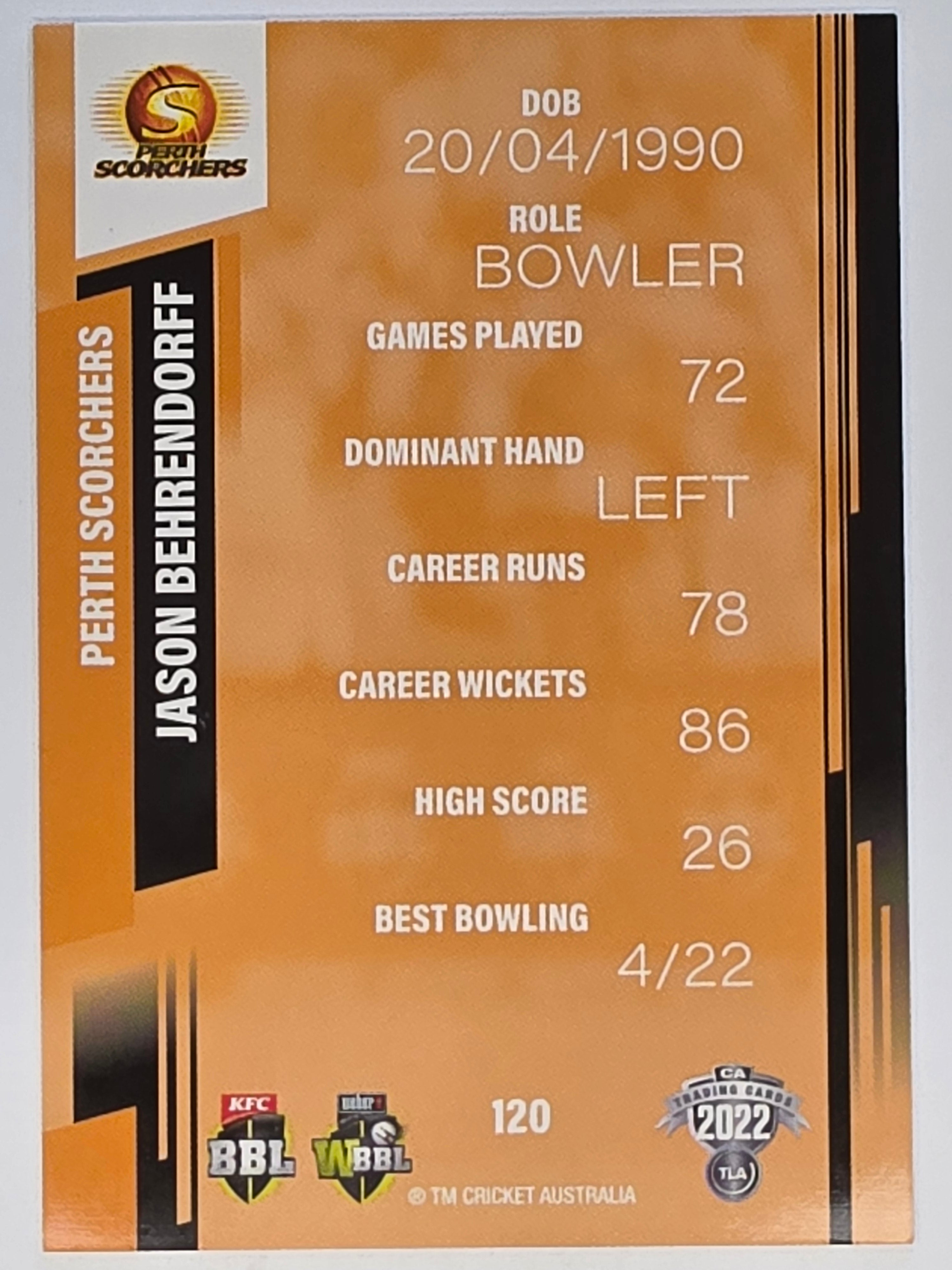 2022-23 Cricket Traders | #120 Jason Behrendorff | Perth Scorchers BBL