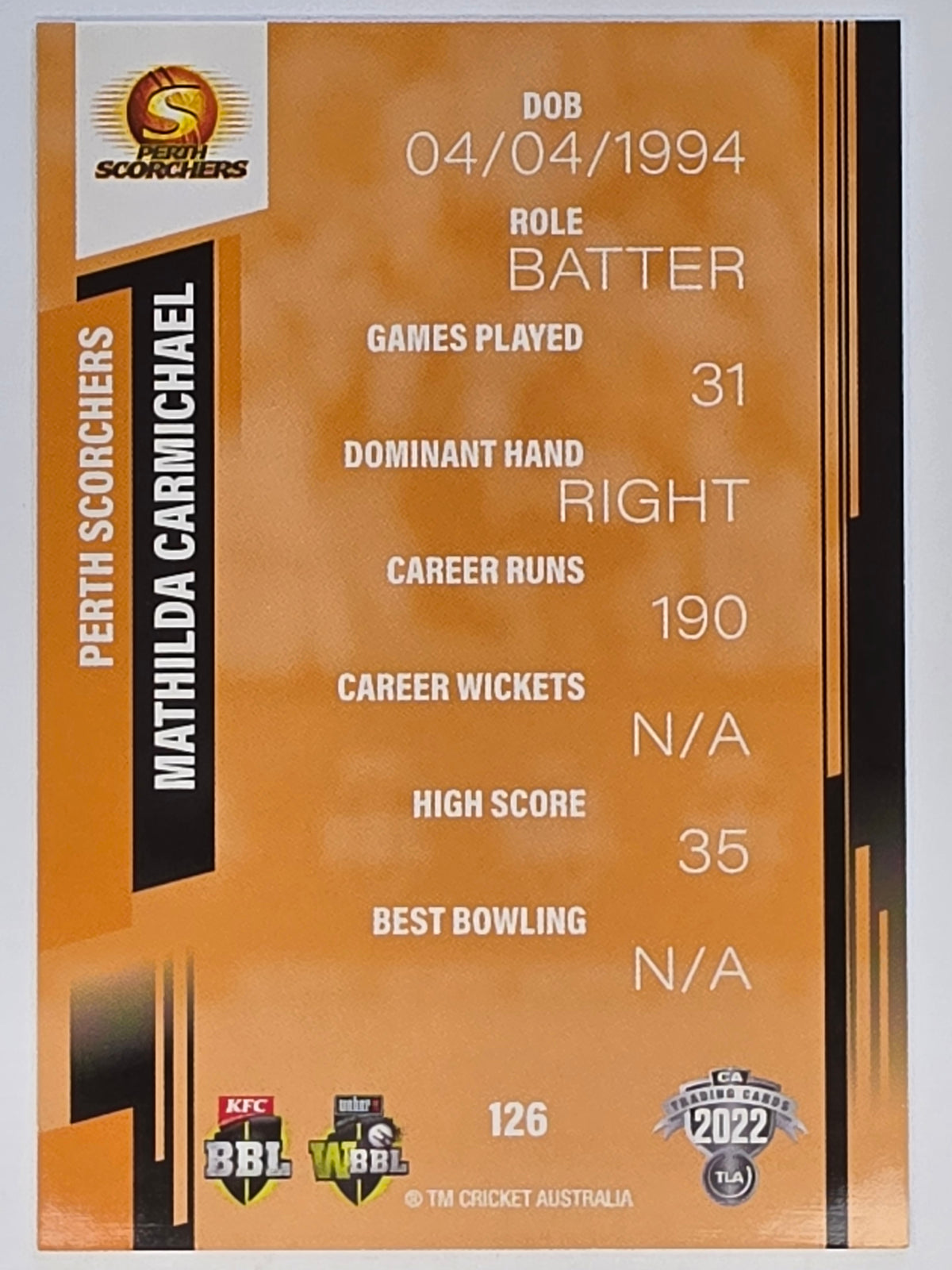 2022-23 Cricket Traders | #126 Mathilda Carmichael | Perth Scorchers WBBL