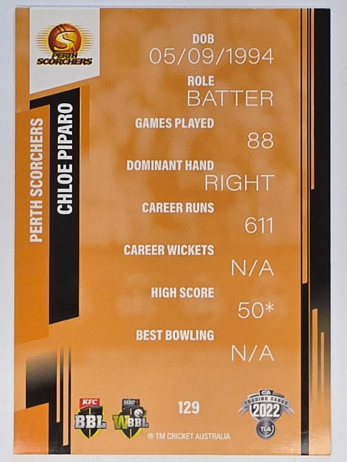 2022-23 Cricket Traders | #129 Chloe Piparo | Perth Scorchers WBBL