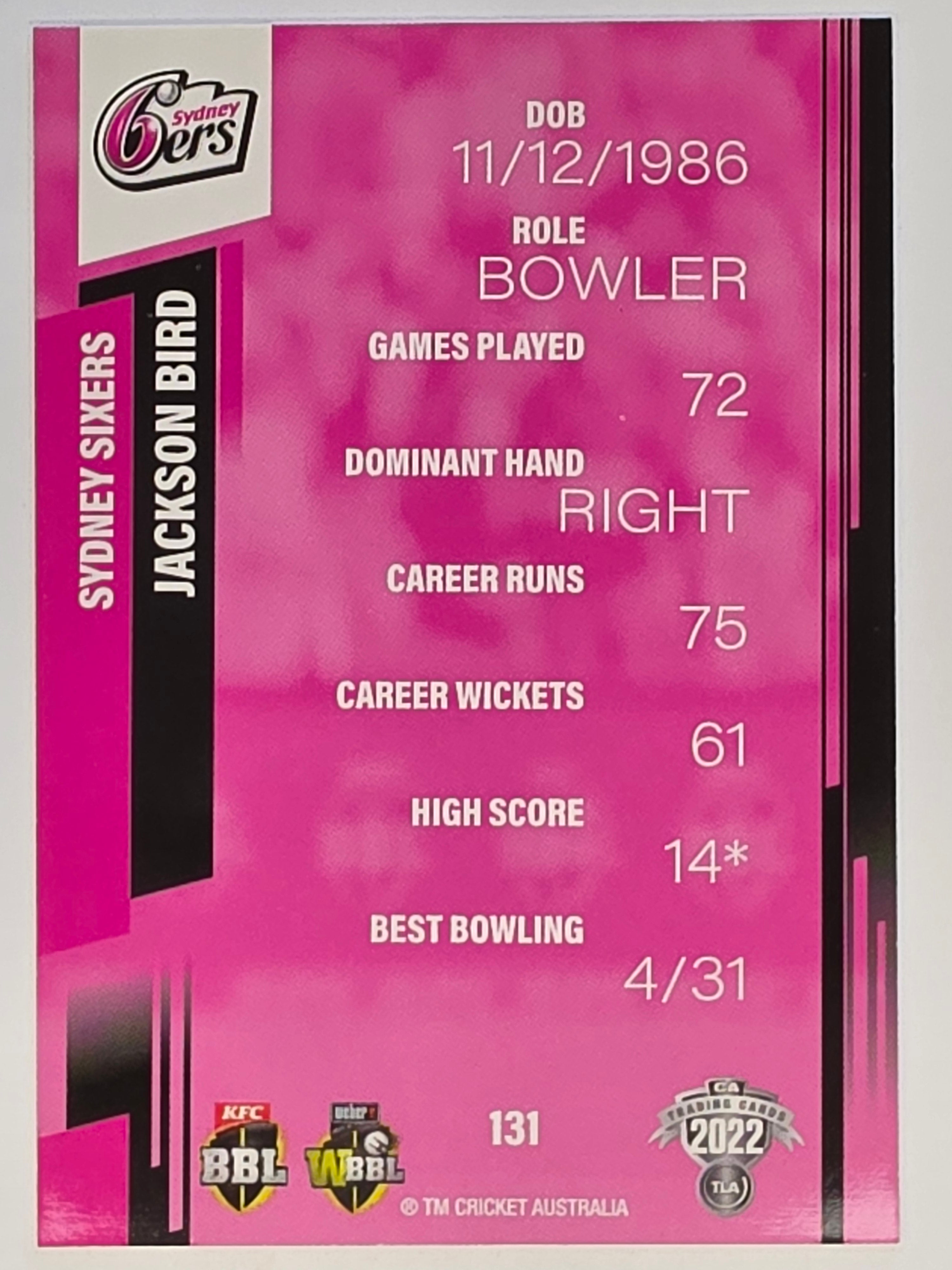 2022-23 Cricket Traders | #131 Jackson Bird | Sydney Sixers BBL