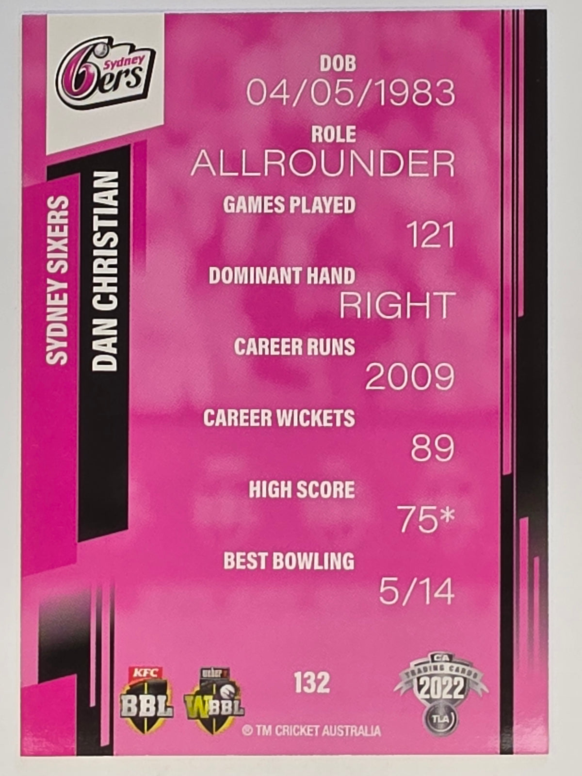 2022-23 Cricket Traders | #132 Dan Christian | Sydney Sixers BBL