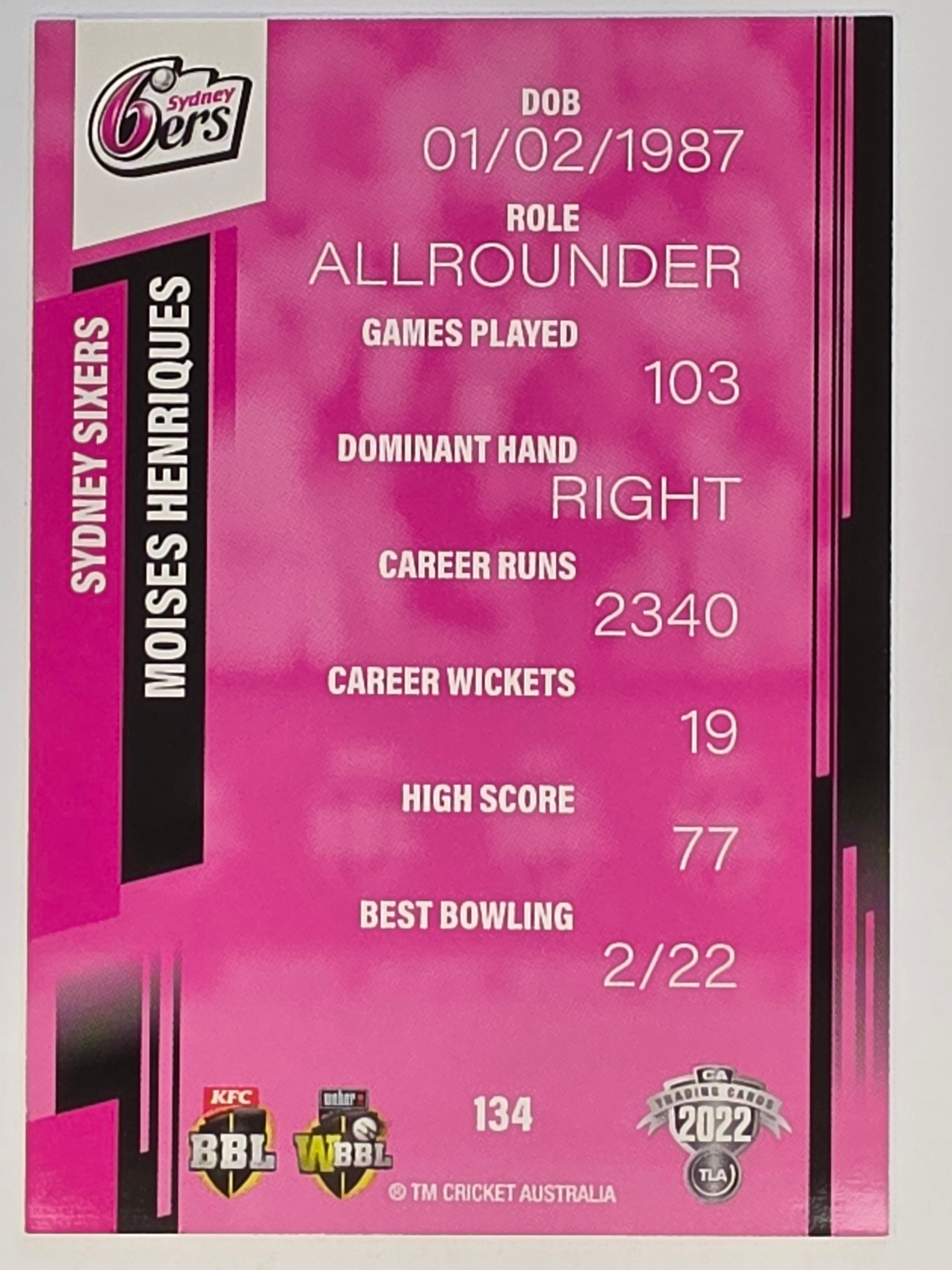 2022-23 Cricket Traders | #134 Moises Henriques | Sydney Sixers BBL
