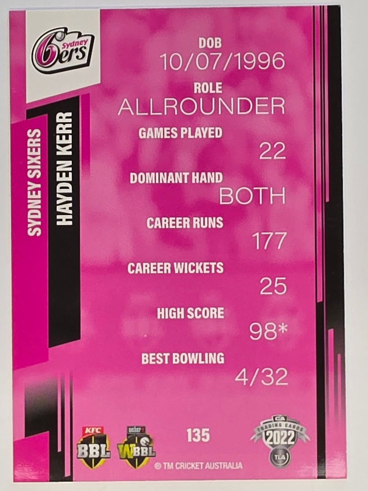 2022-23 Cricket Traders | #135 Hayden Kerr | Sydney Sixers BBL
