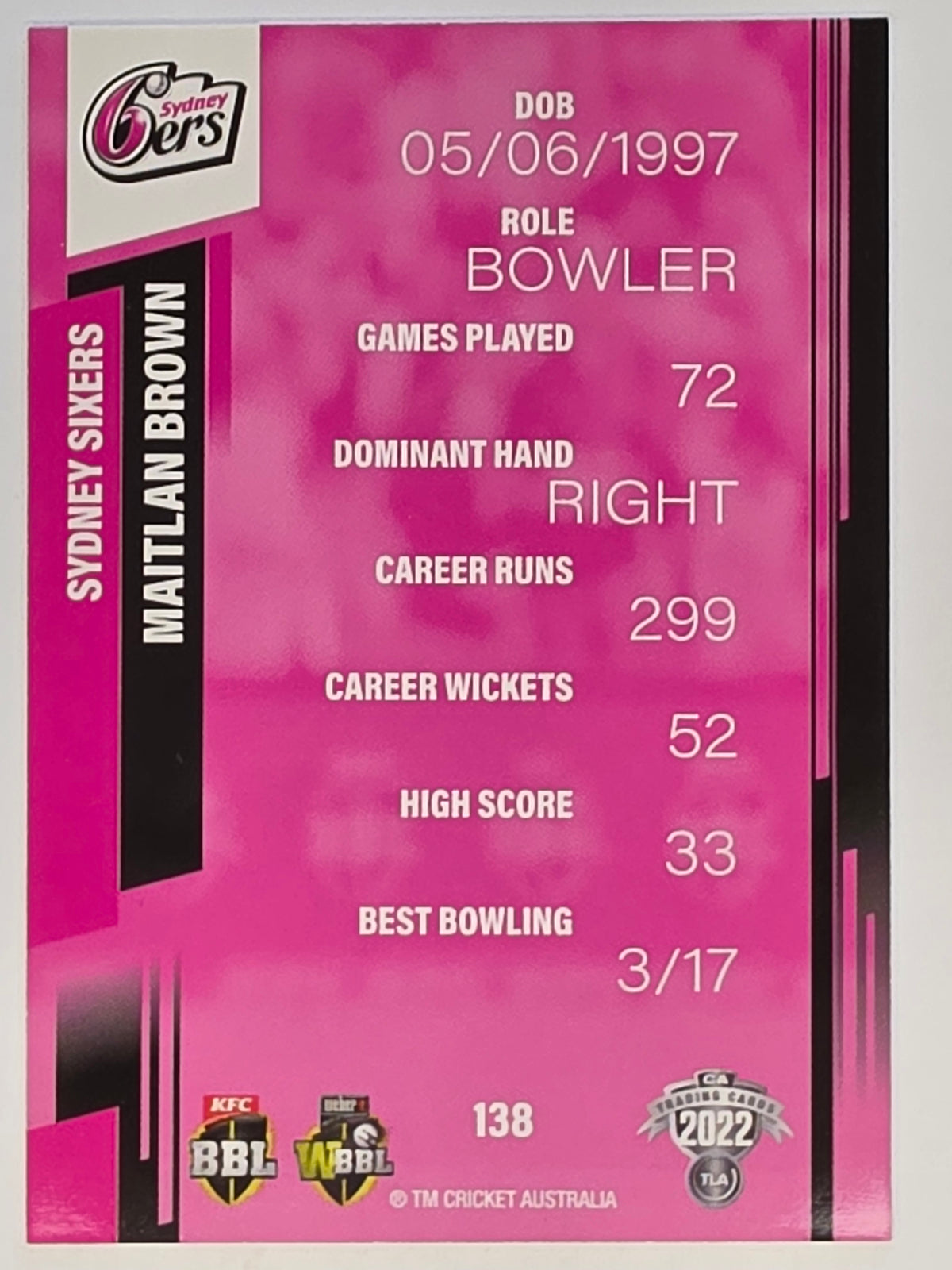2022-23 Cricket Traders | #138 Maitlan Brown | Sydney Sixers WBBL