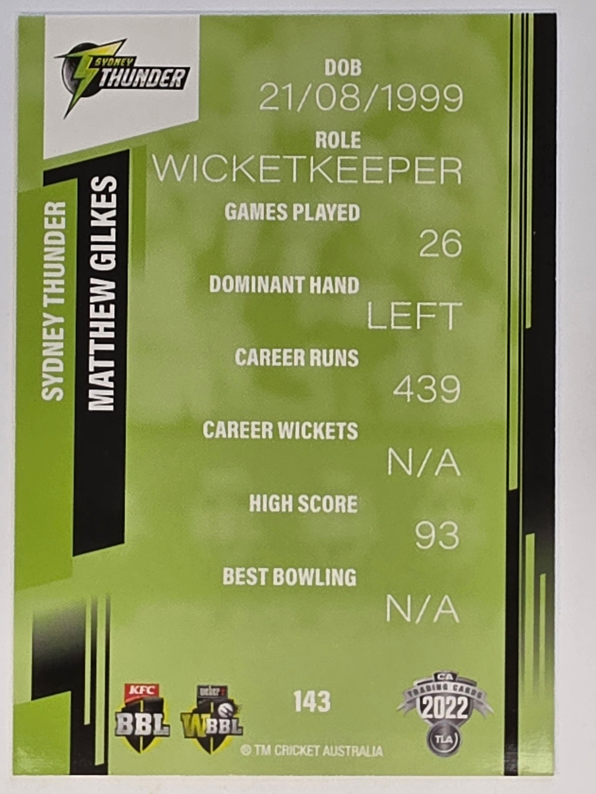2022-23 Cricket Traders | #143 Matthew Gilkes | Sydney Thunder BBL