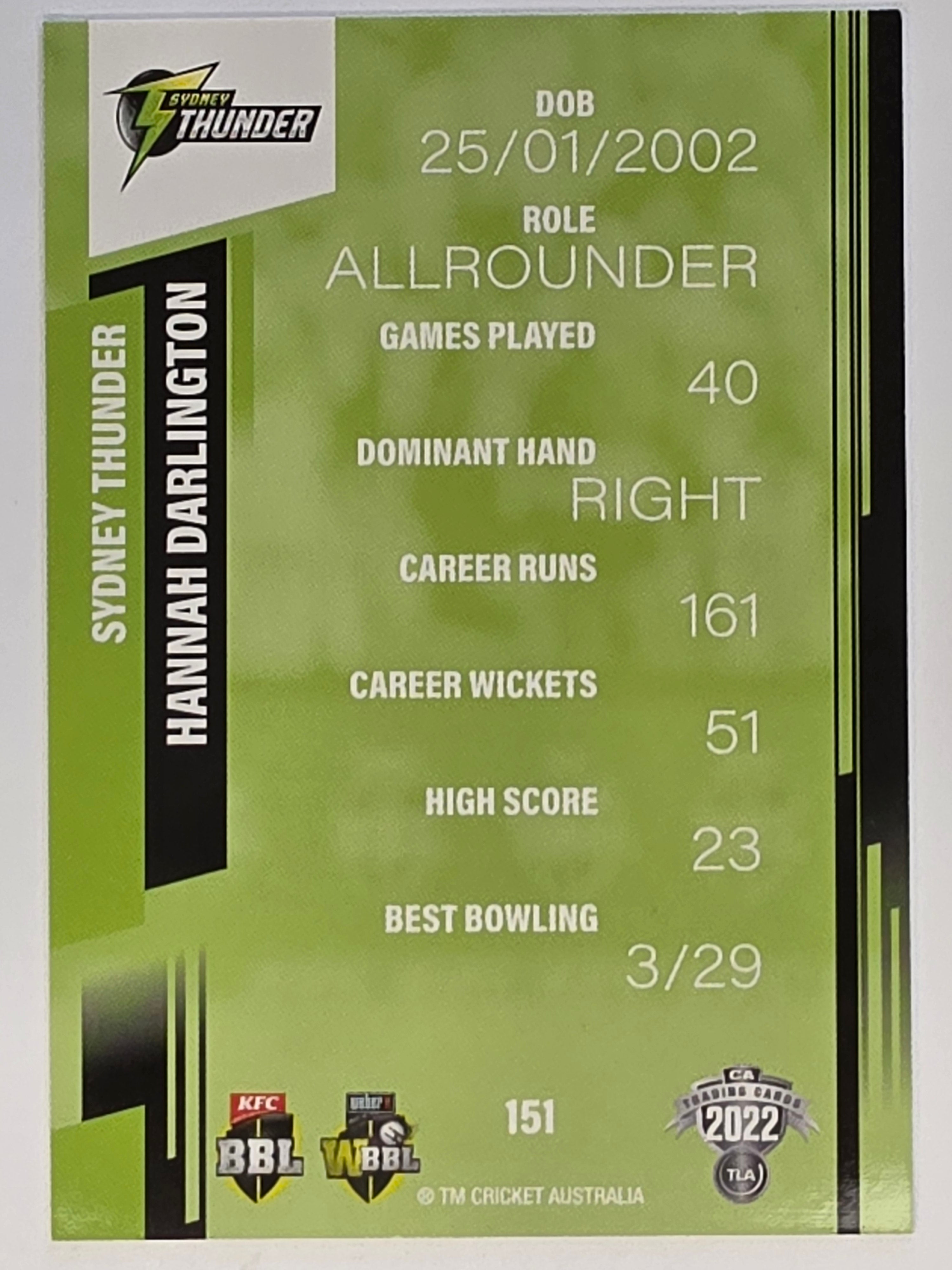 2022-23 Cricket Traders | #151 Hannah Darlington | Sydney Thunder WBBL