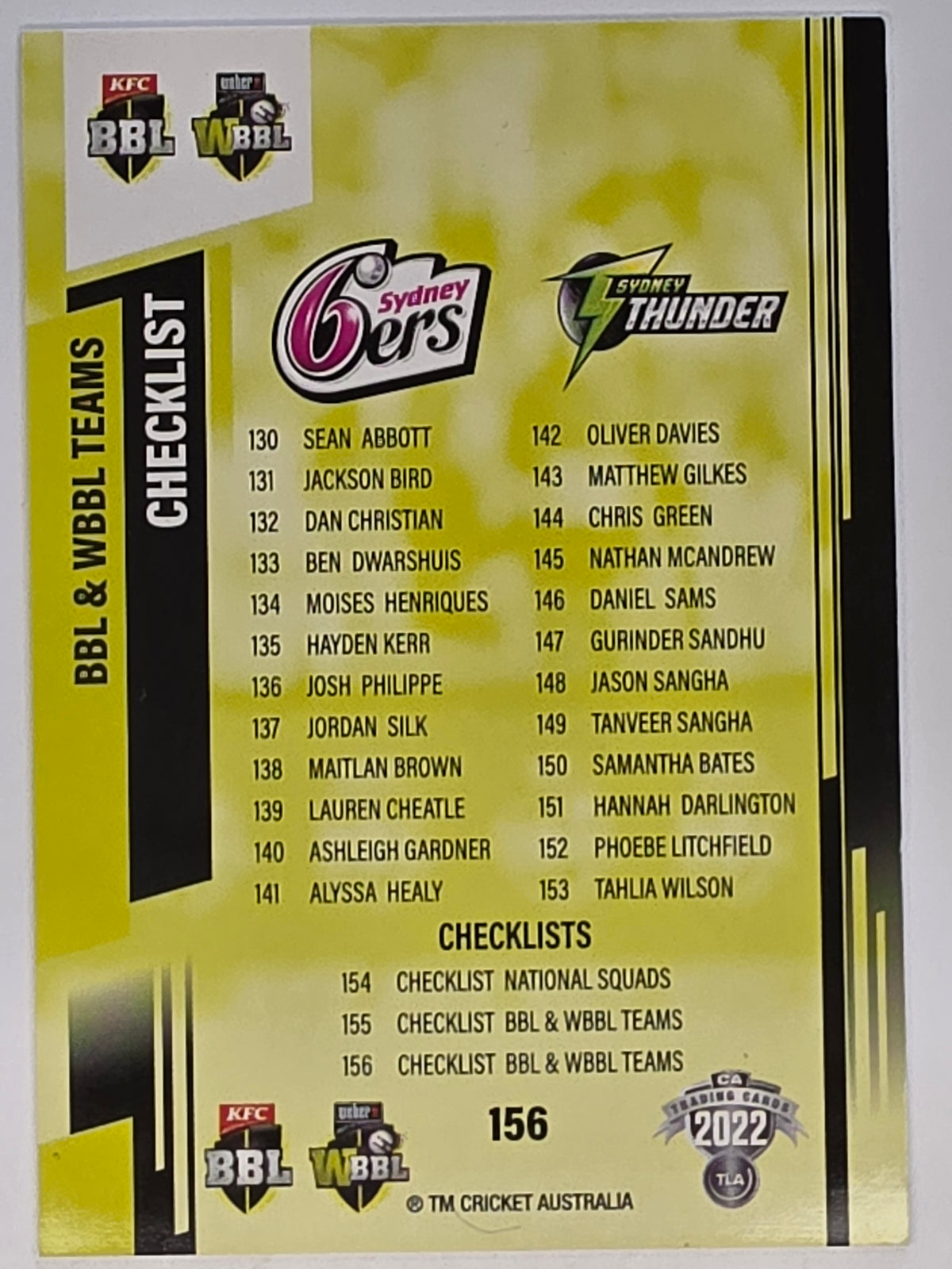 2022-23 Cricket Traders | #156 Checklist BBL/WBBL CL