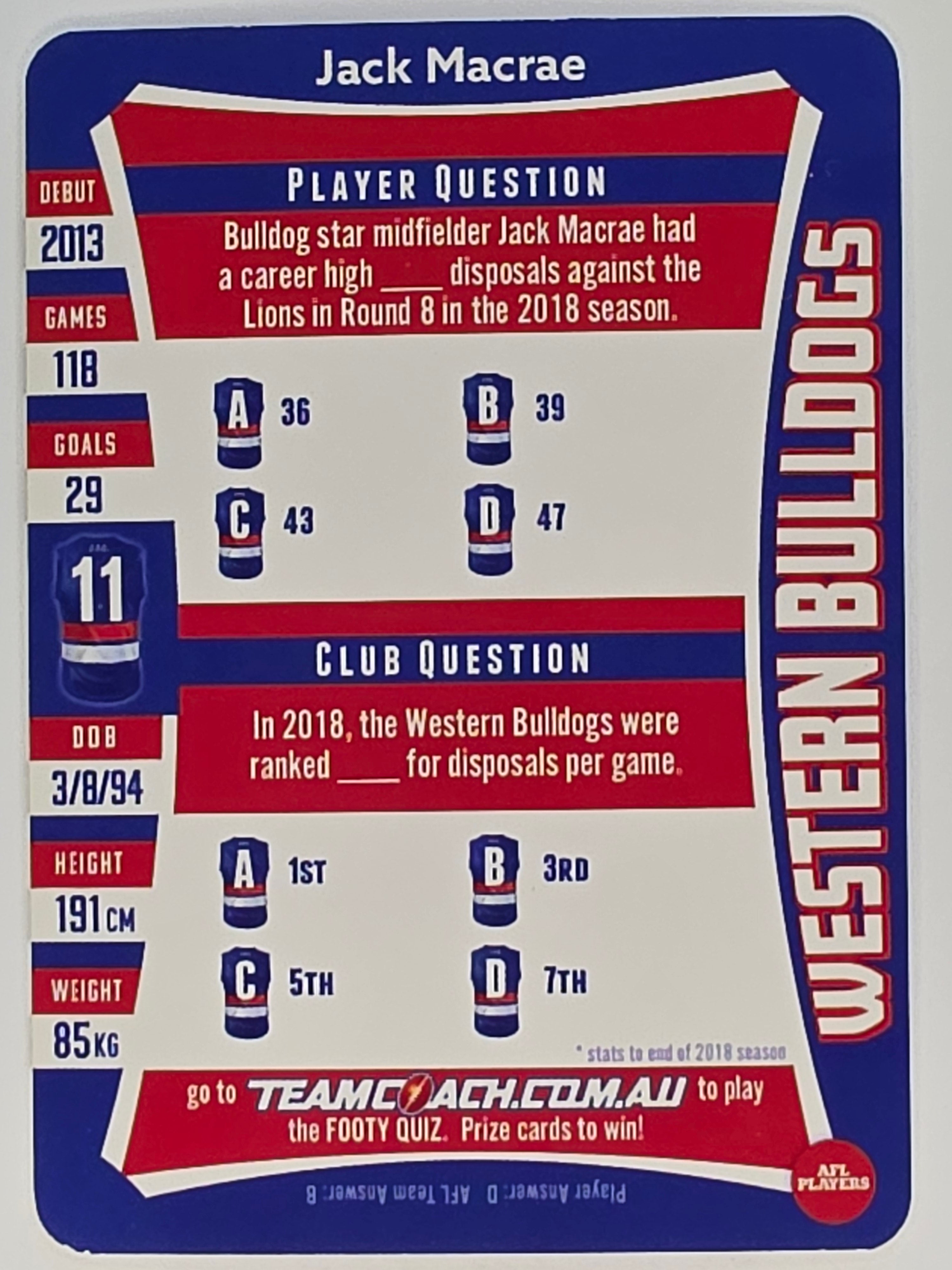 AFL 2019 TeamCoach Silver Parallel #148 Jackson Macrae Western Bulldogs