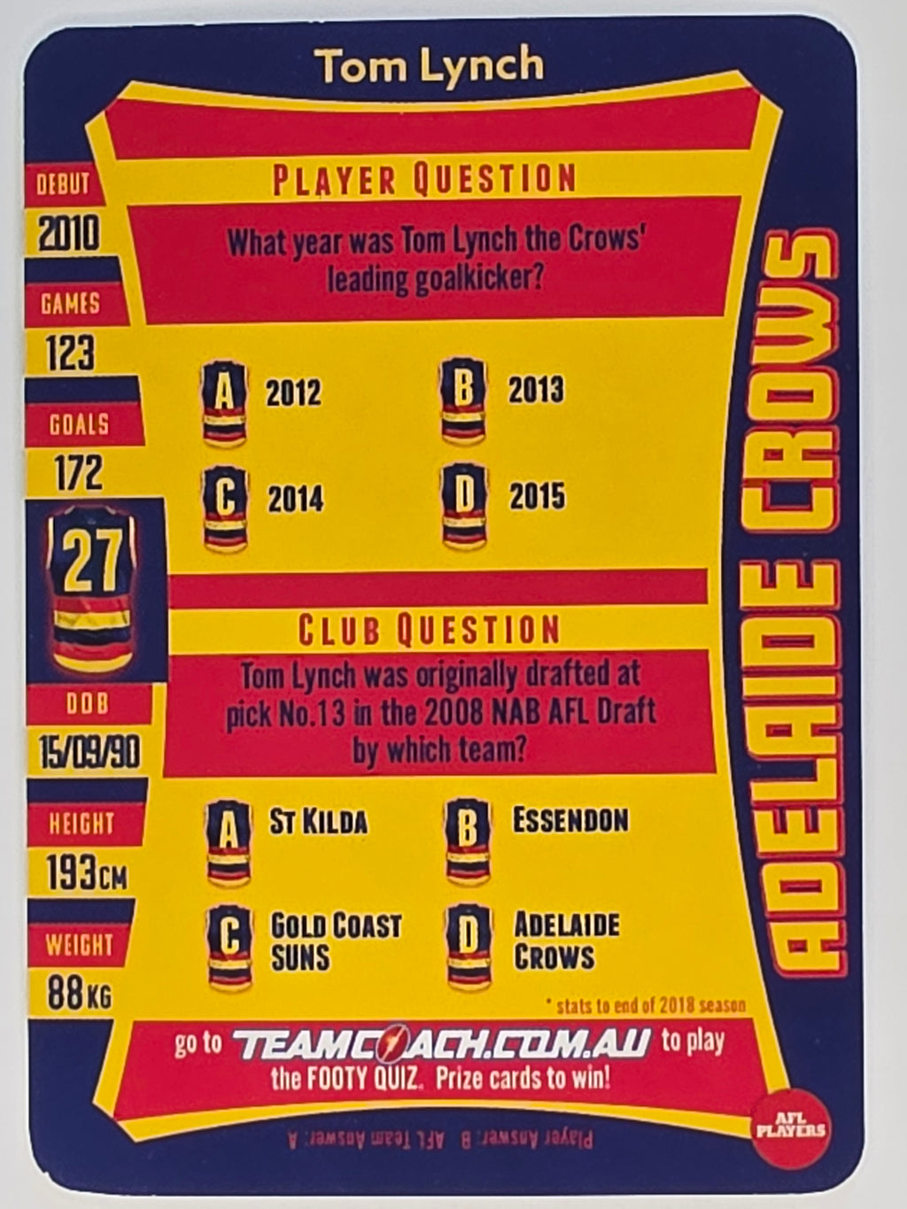 AFL 2019 TeamCoach Silver Parallel #151 Tom Lynch Adelaide Crows