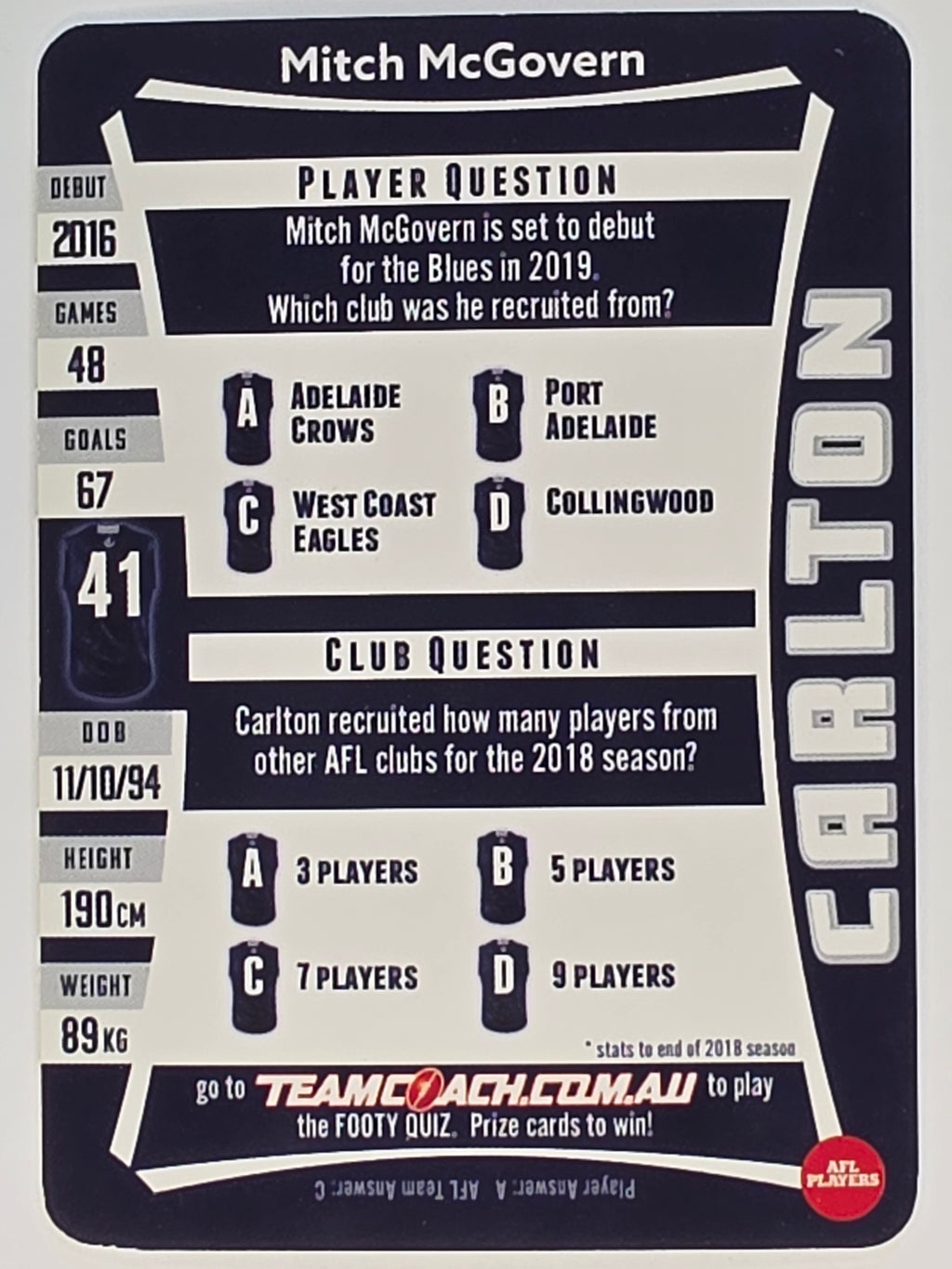 AFL 2019 TeamCoach Silver Parallel #158 Mitch McGovern Carlton Blues