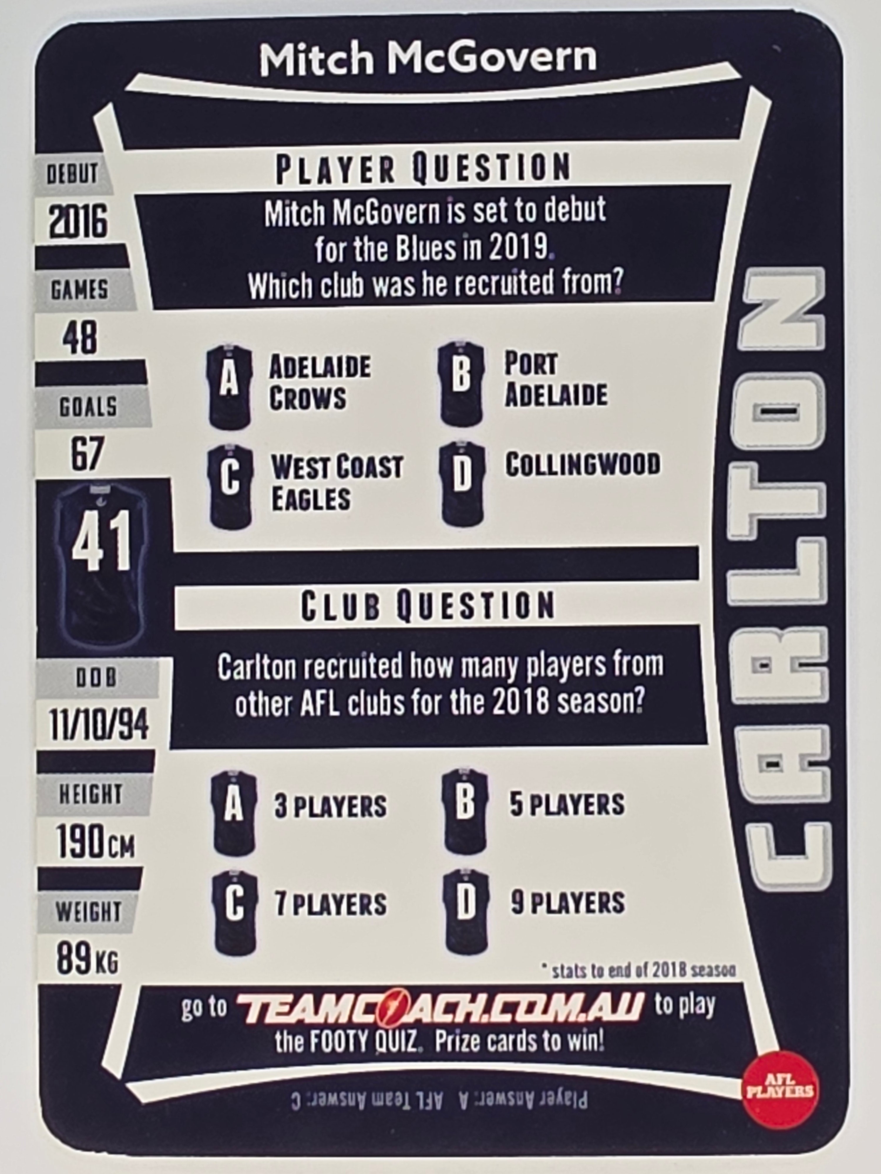 AFL 2019 TeamCoach Silver Parallel #158 Mitch McGovern Carlton Blues