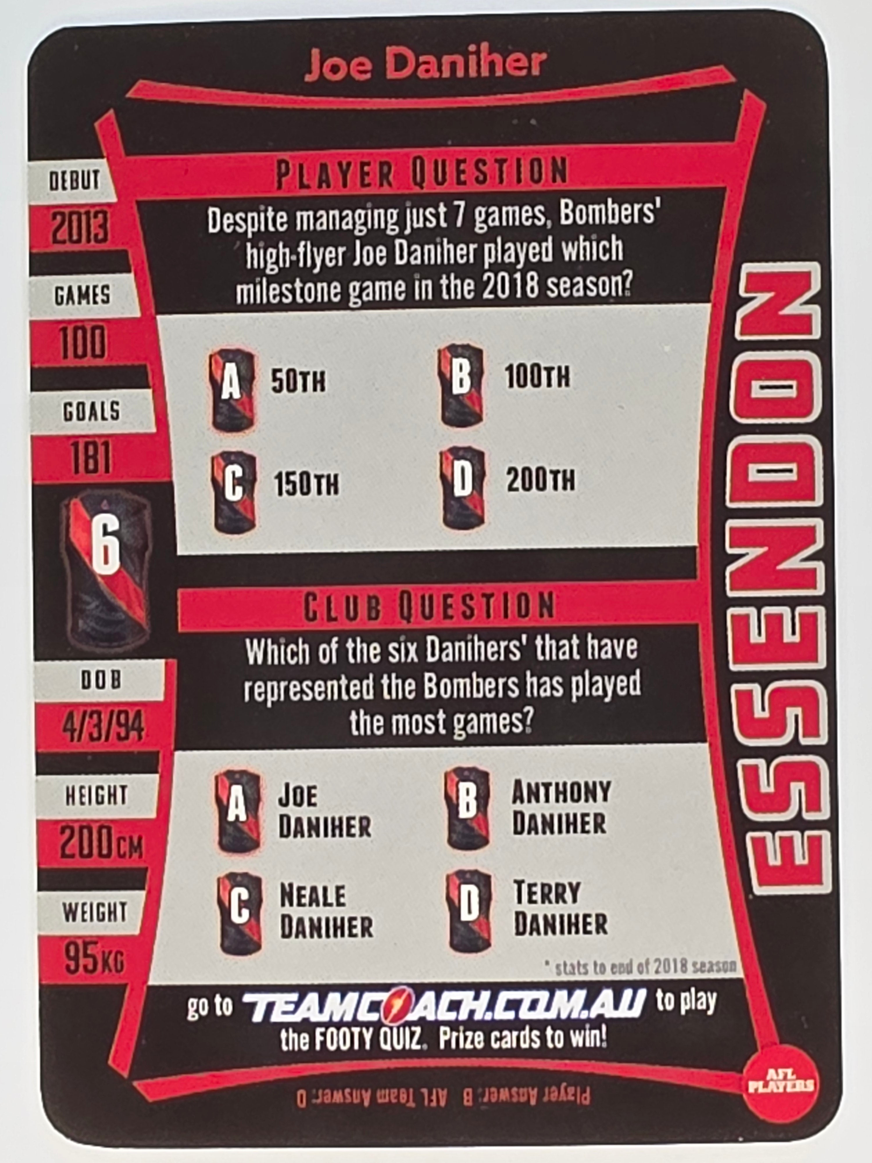 AFL 2019 TeamCoach Silver Parallel #164 Joe Daniher Essendon Bombers