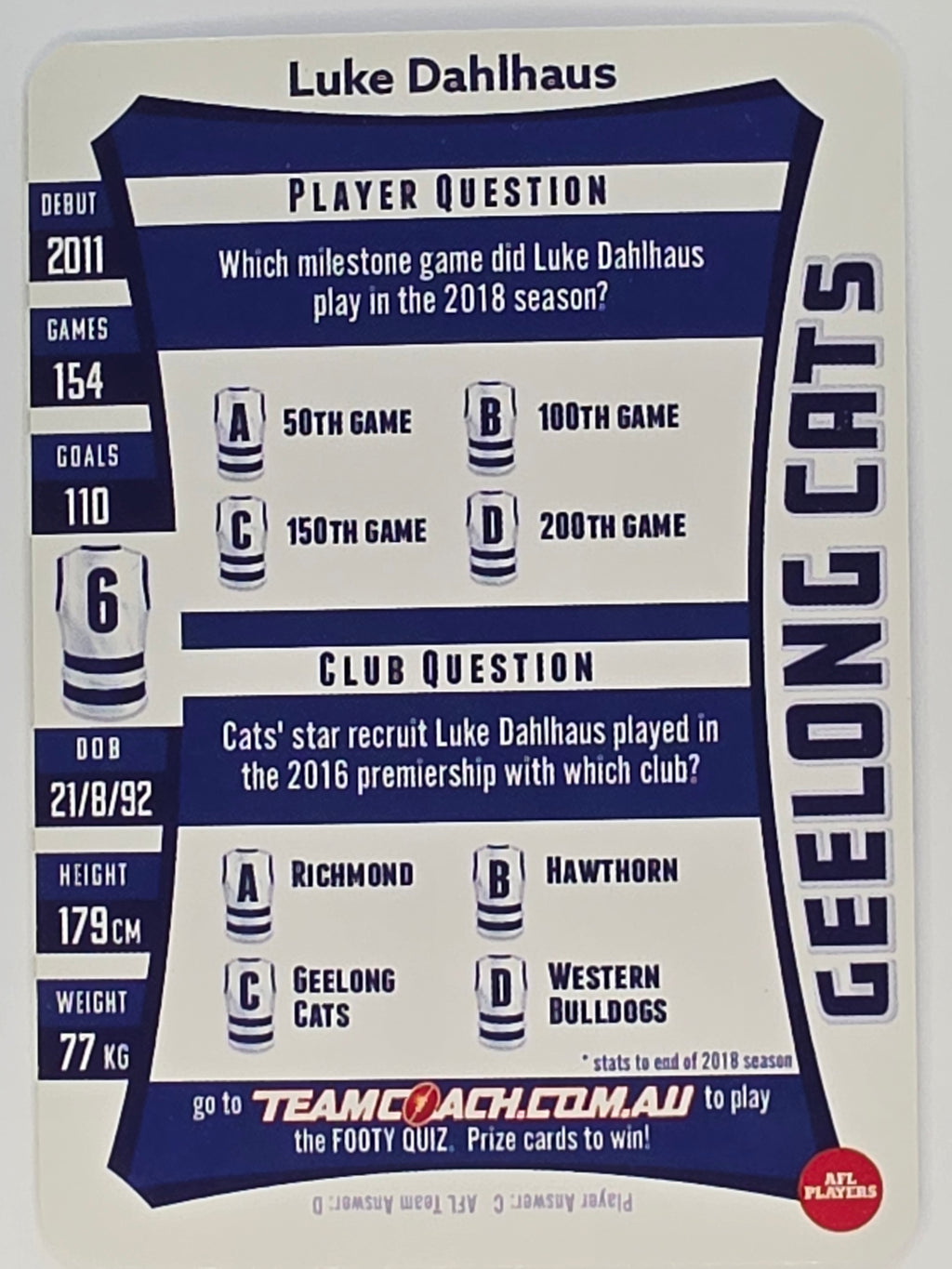 AFL 2019 TeamCoach Silver Parallel #172 Luke Dahlhaus Geelong Cats
